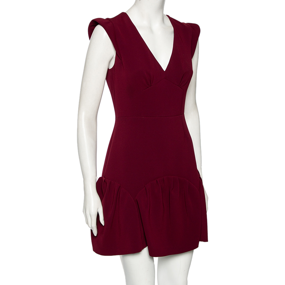 

Miu Miu Burgundy Crepe Fluted Hem V-Neck Dress