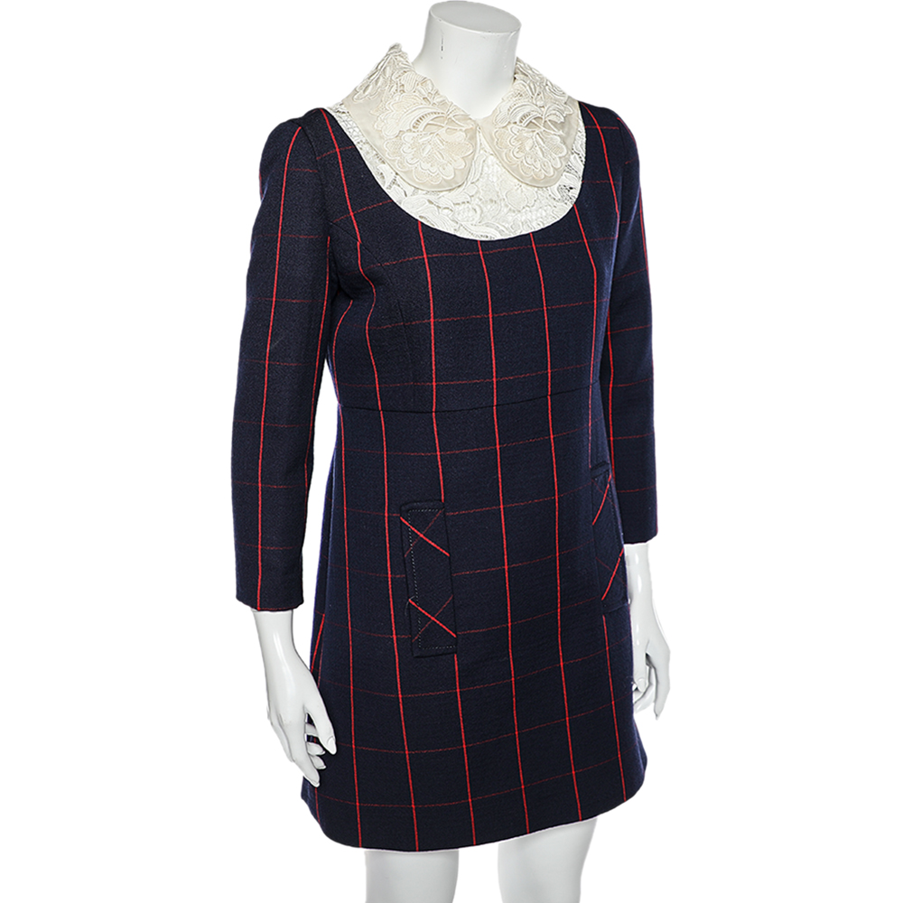 

Miu Miu Navy Blue Plaided Wool & Lace Trim Detail Mini Dress