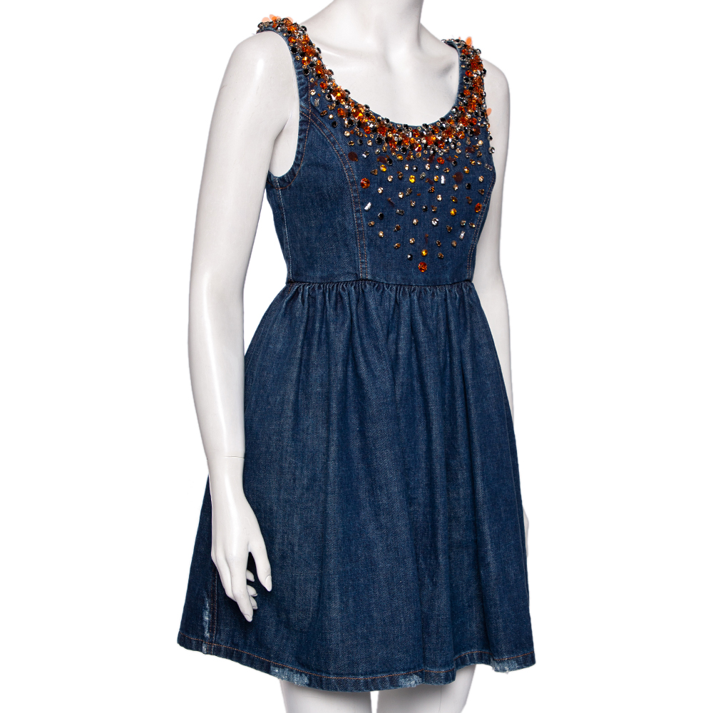 

Miu Miu Blue Embellished Denim Sleeveless Mini Dress