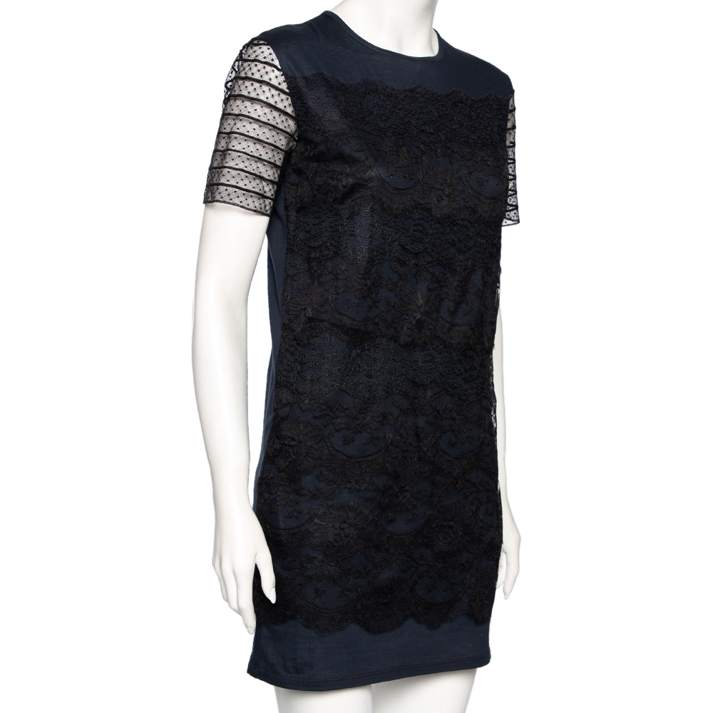 

Miu Miu Navy Blue & Black Lace Overlay Cotton Short Dress
