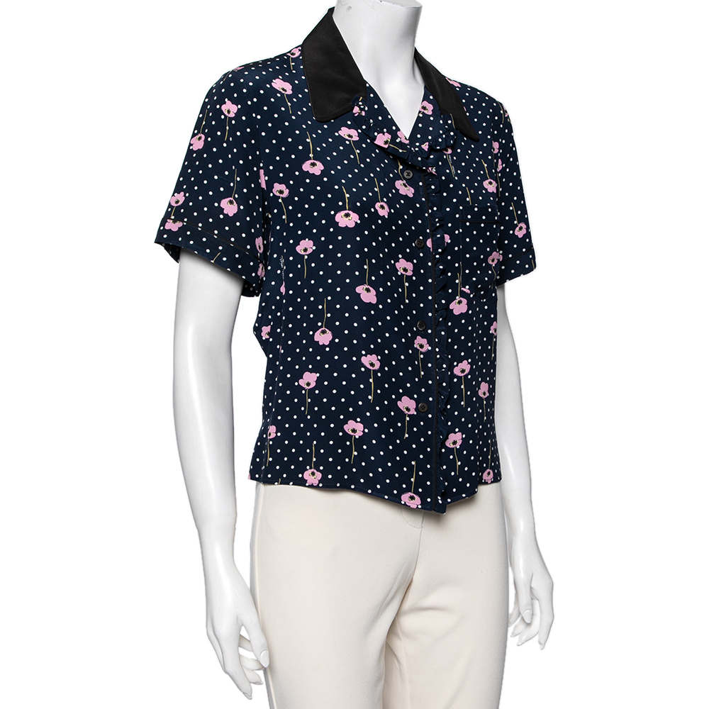 

Miu Miu Navy Blue Polka Dot Printed Silk Ruffled Shirt