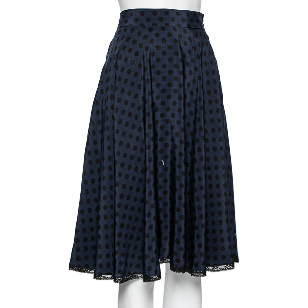 

Miu Miu Navy Blue Polka Dotted Silk Lace Trim Detailed Skirt