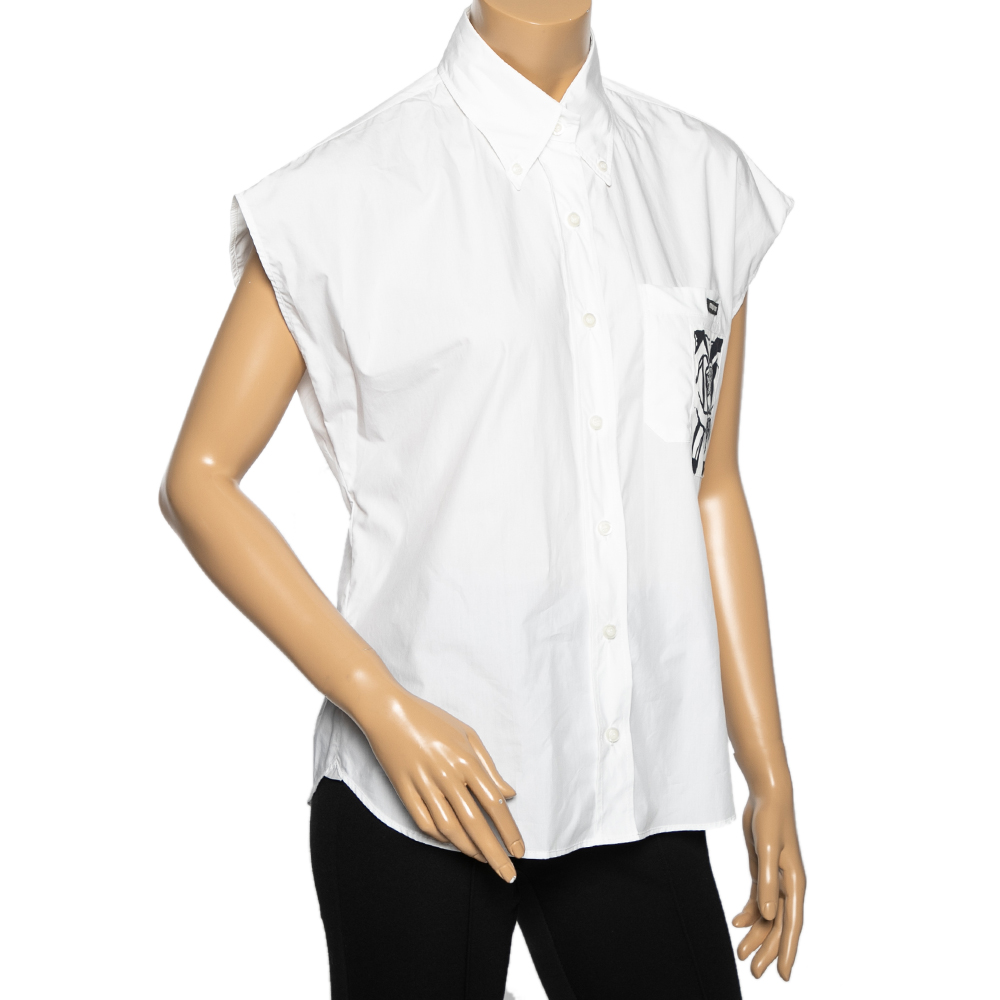 

Miu Miu White Cotton Printed Pocket Detail Sleeveless Shirt