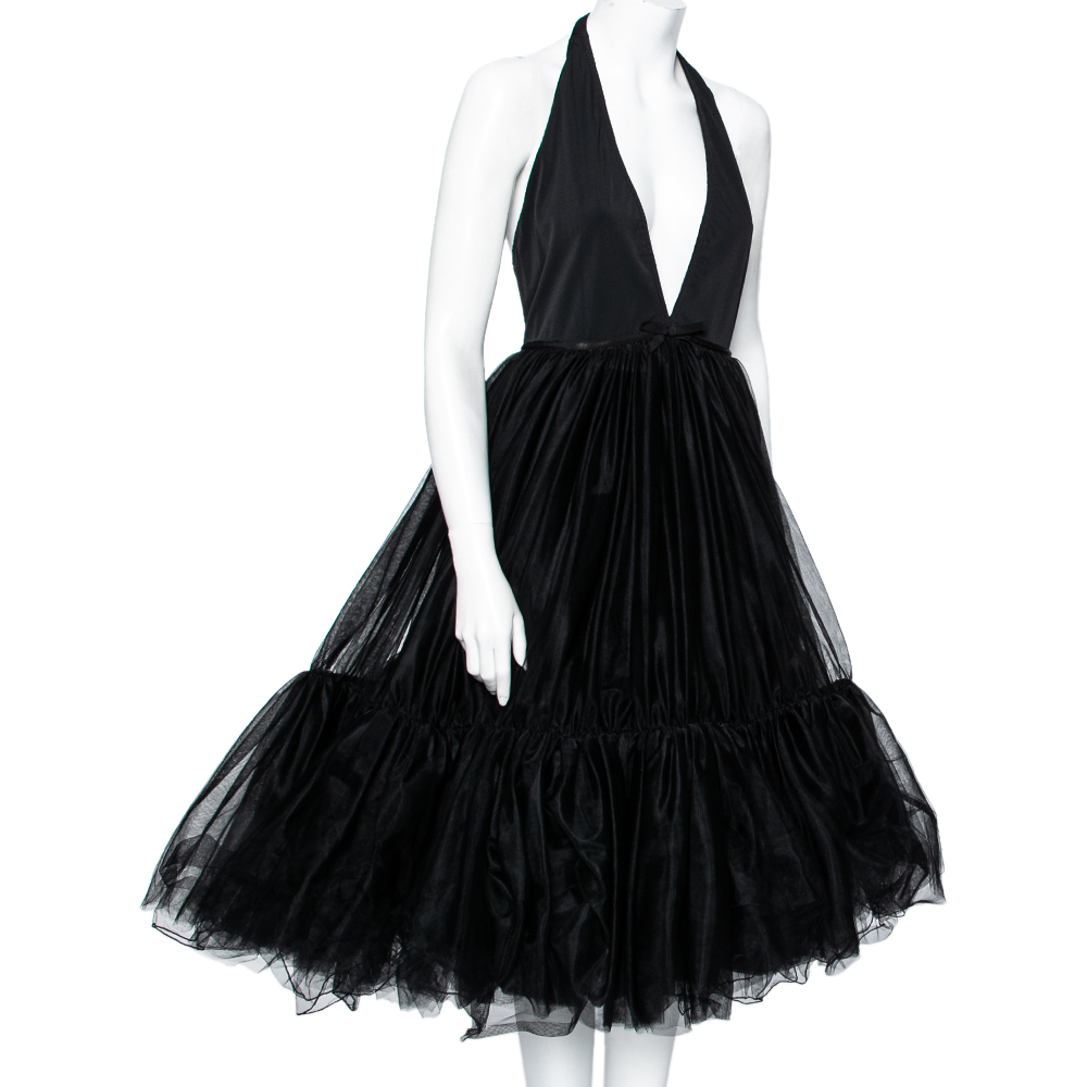 

Miu Miu Black Tulle Plunge Neck Halter Neck Flared Dress