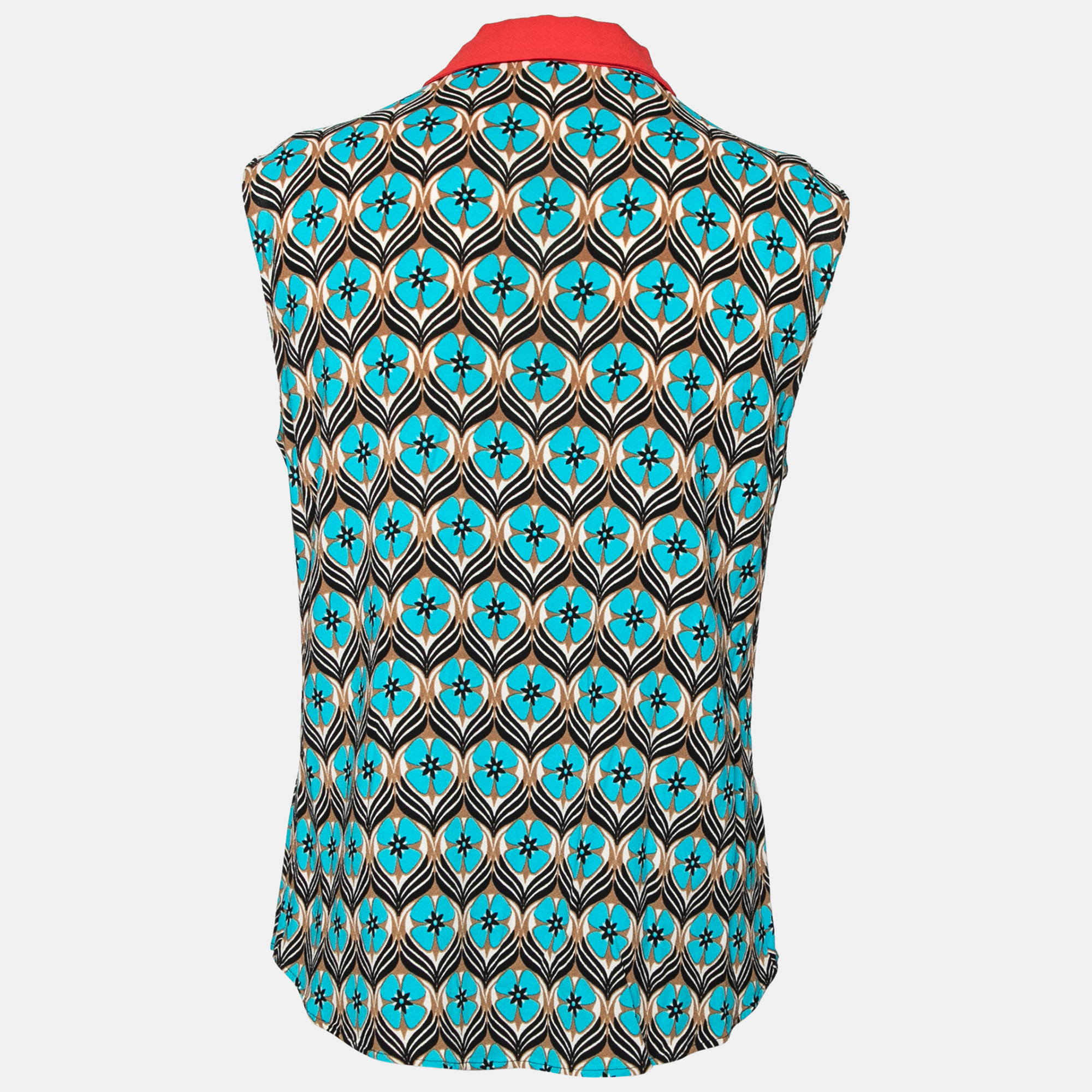 

Miu Miu Blue Floral Printed Crepe Sleeveless Button Front Collar Top