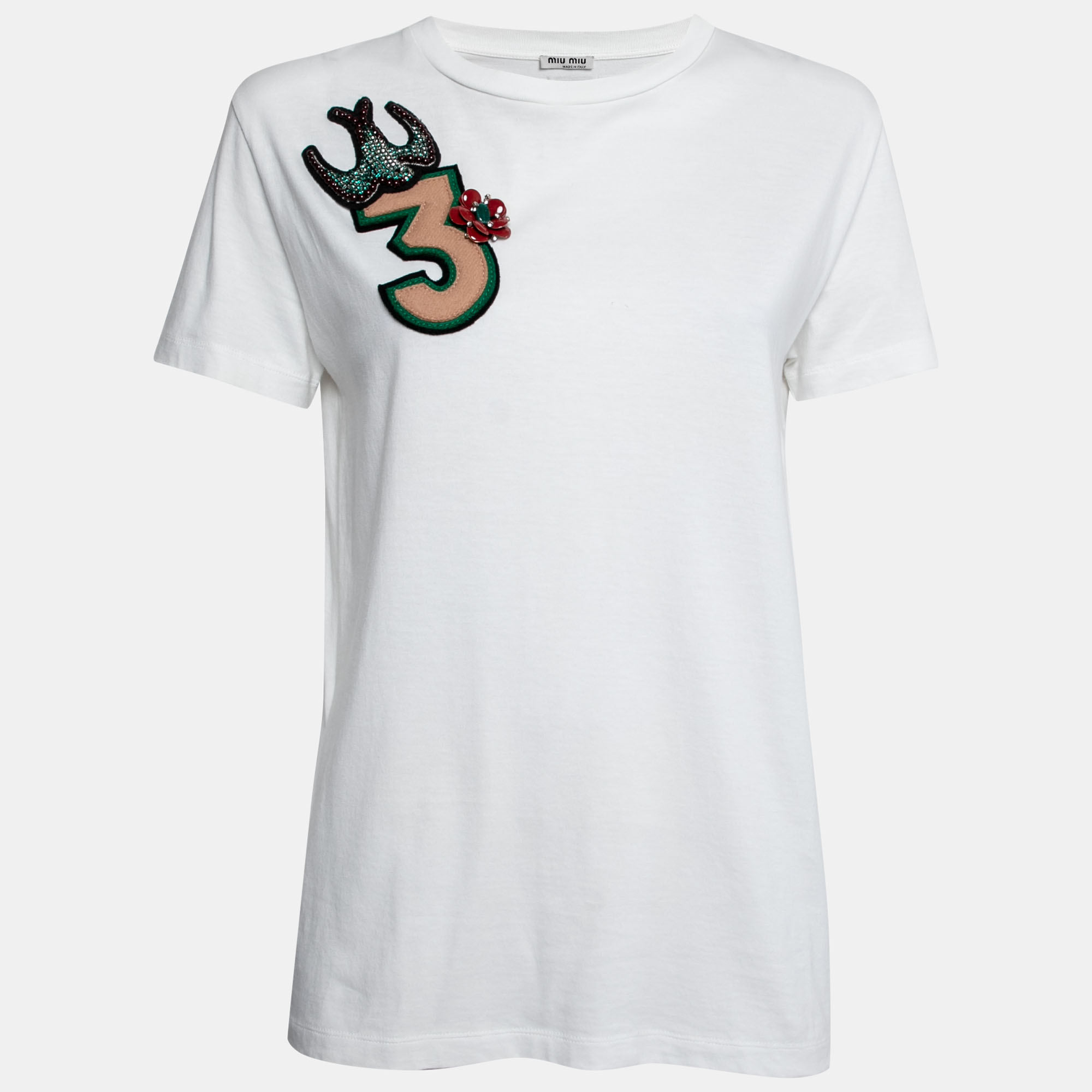 

Miu Miu White Cotton Applique Embellished Short Sleeve T-Shirt
