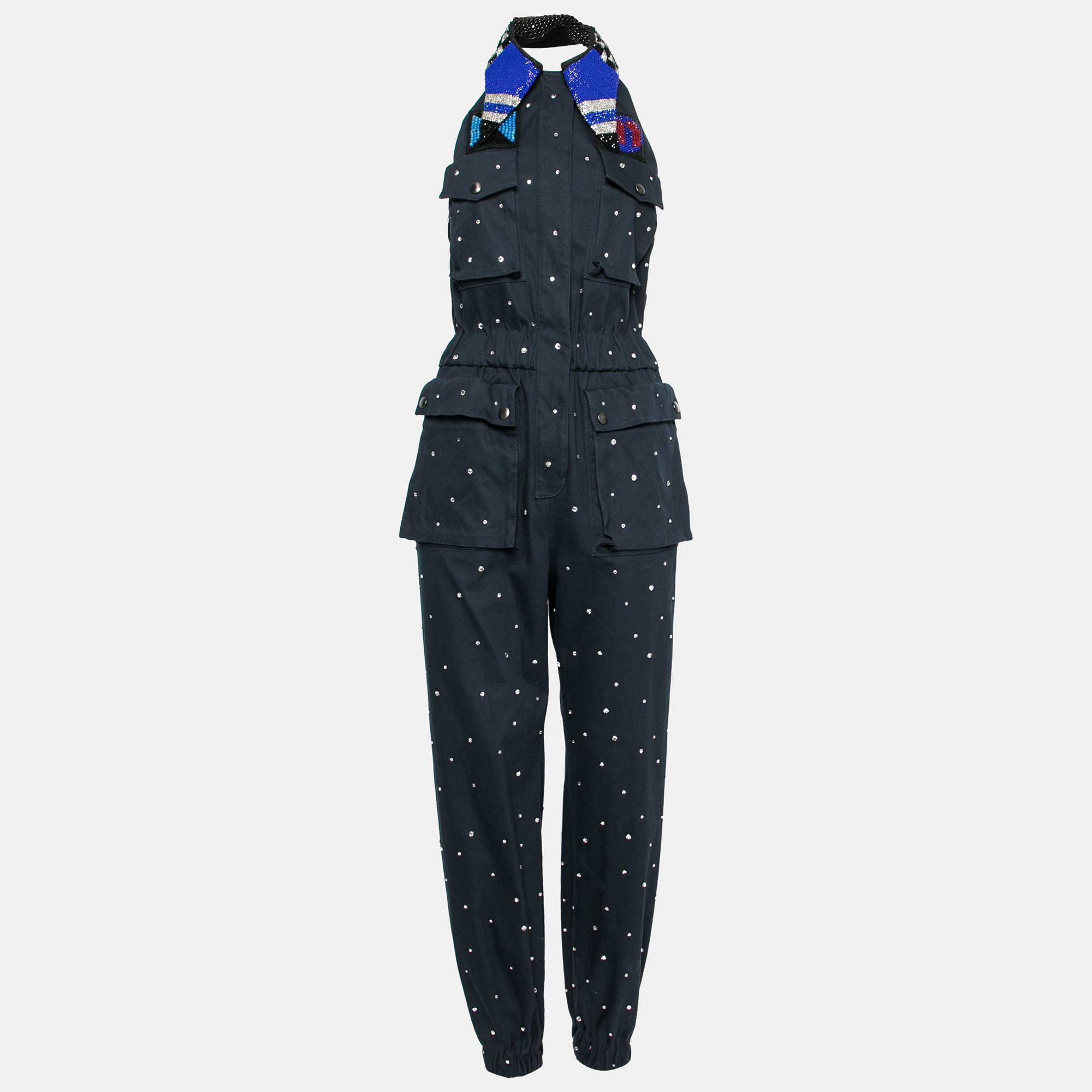 

Miu Miu Navy Blue Embellished Cotton Bead Embroidered Halter Neck Jumpsuit