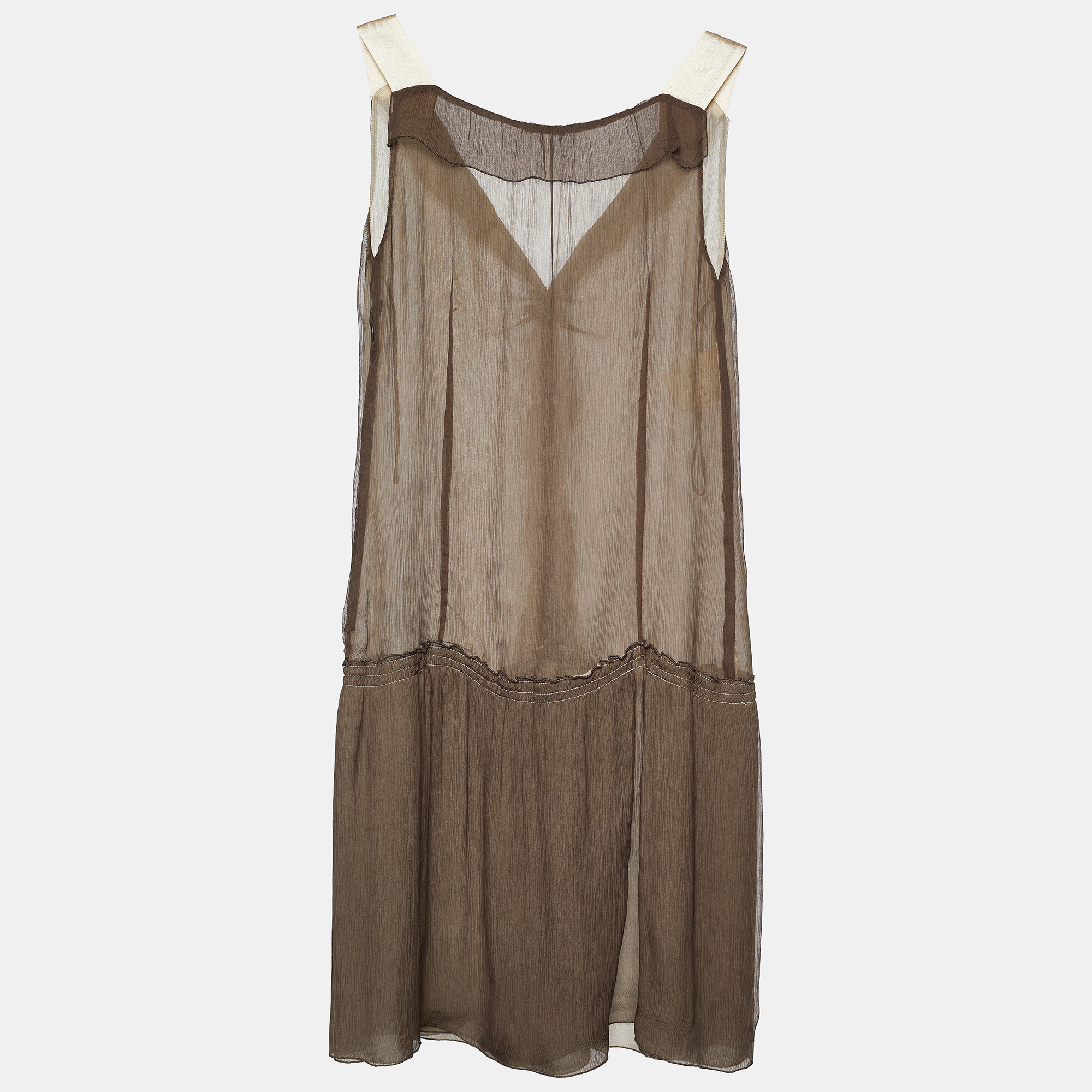 

Miu Miu Brown Silk Plisse Ruffled Sleeveless Dress