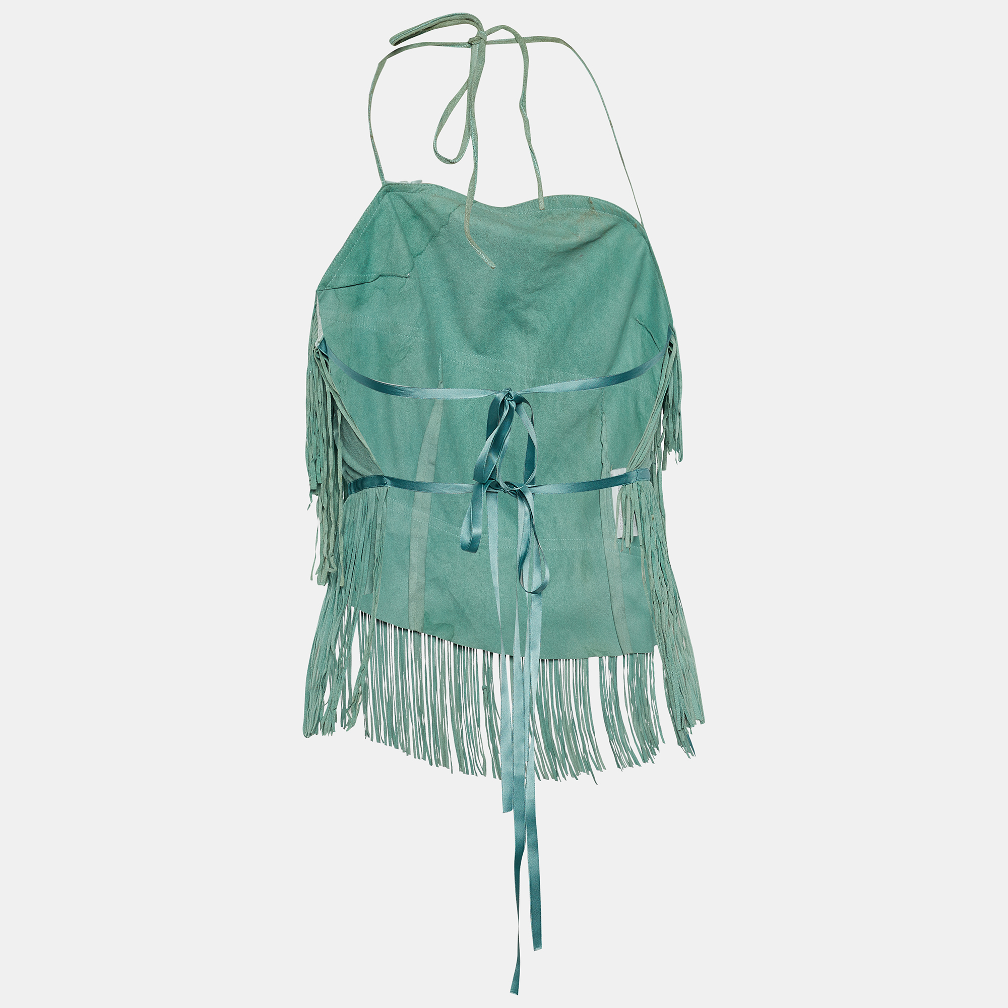 

Miu Miu Green Suede Fringe Detail Crop Top