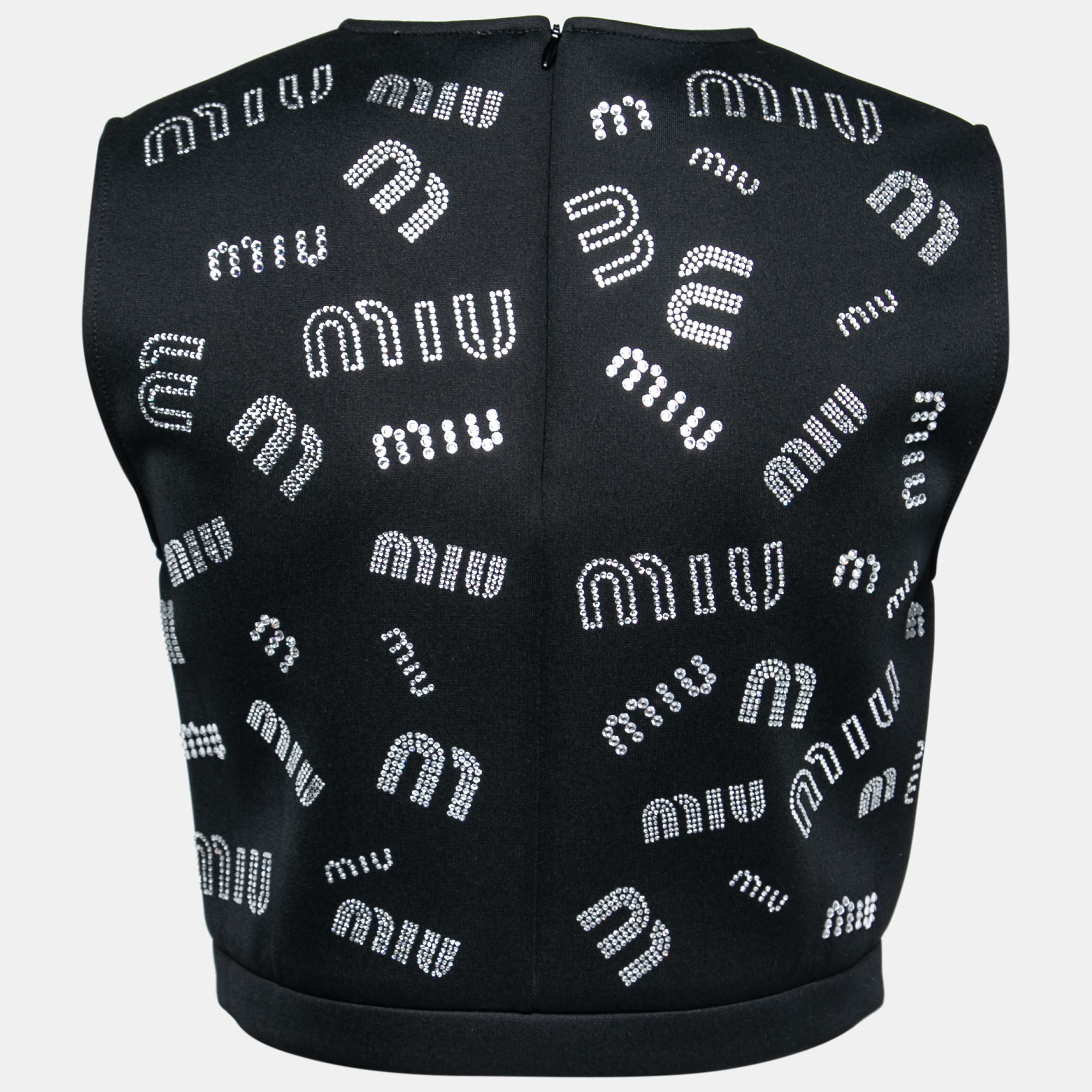

Miu Miu Black Stretch Knit Crystal Embellished Logo Crop Top