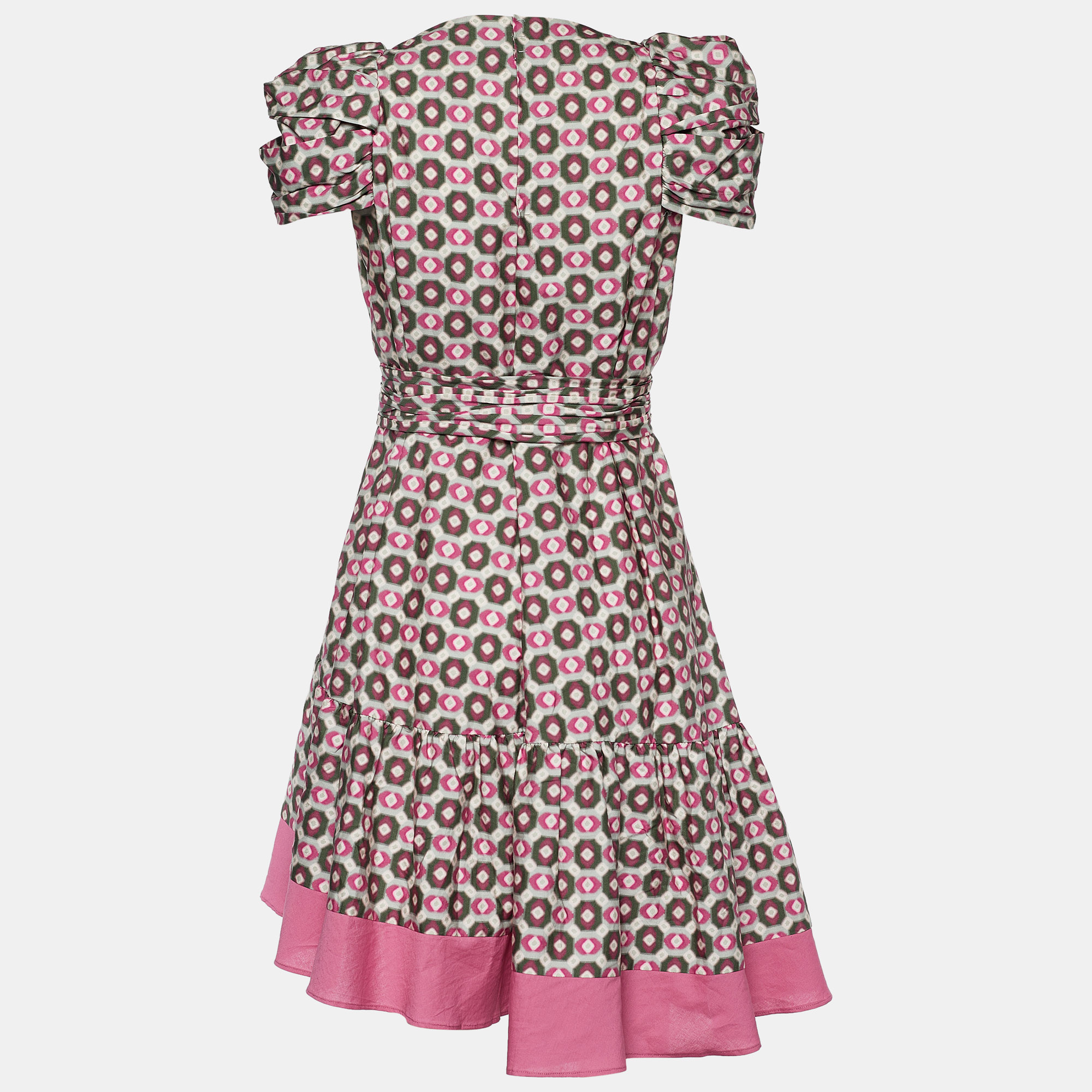 

Miu Miu Pink Geometric Print Cotton Pleated & Belted Dress