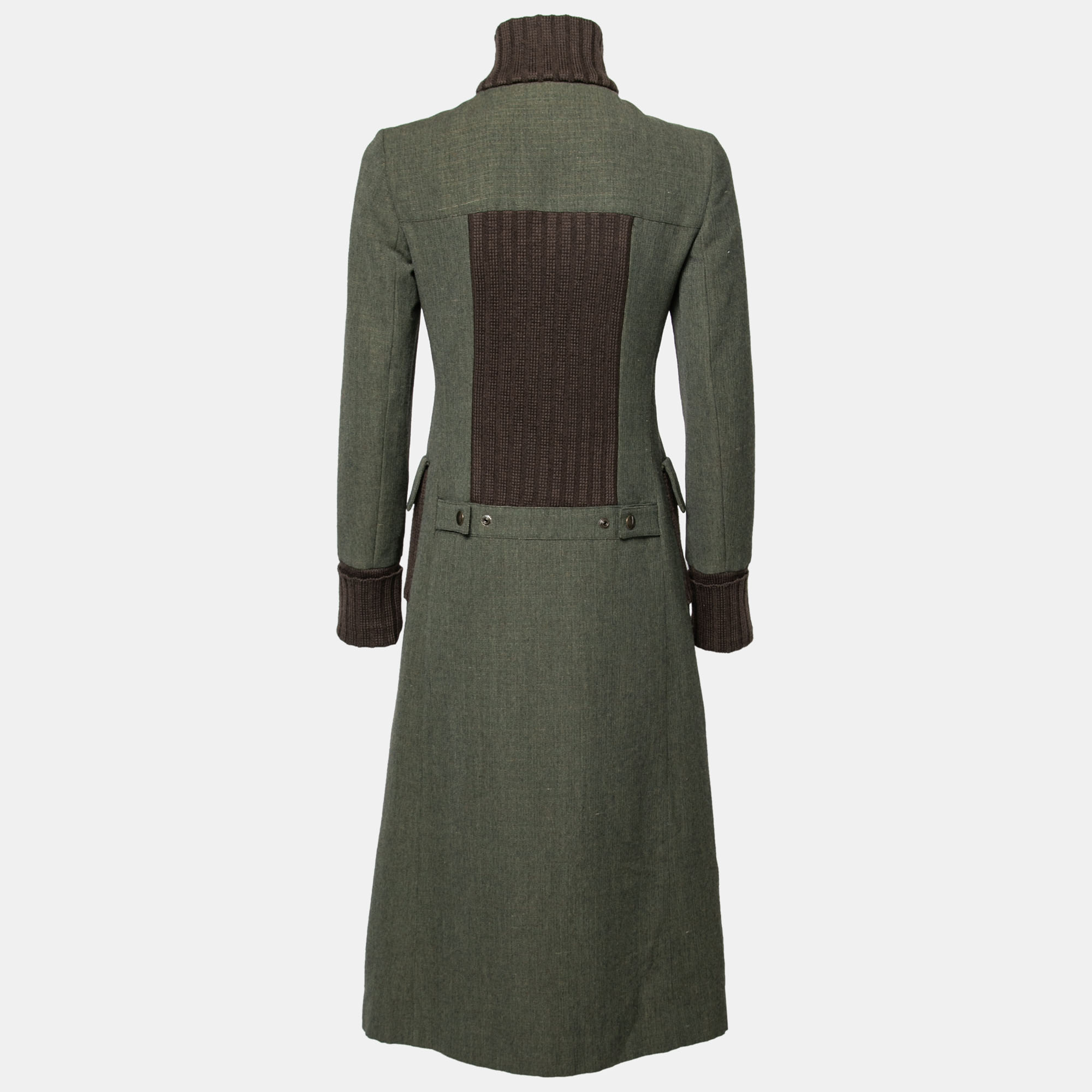 

Miu Miu Olive Green Wool Ribbed Knit Detail Long Coat
