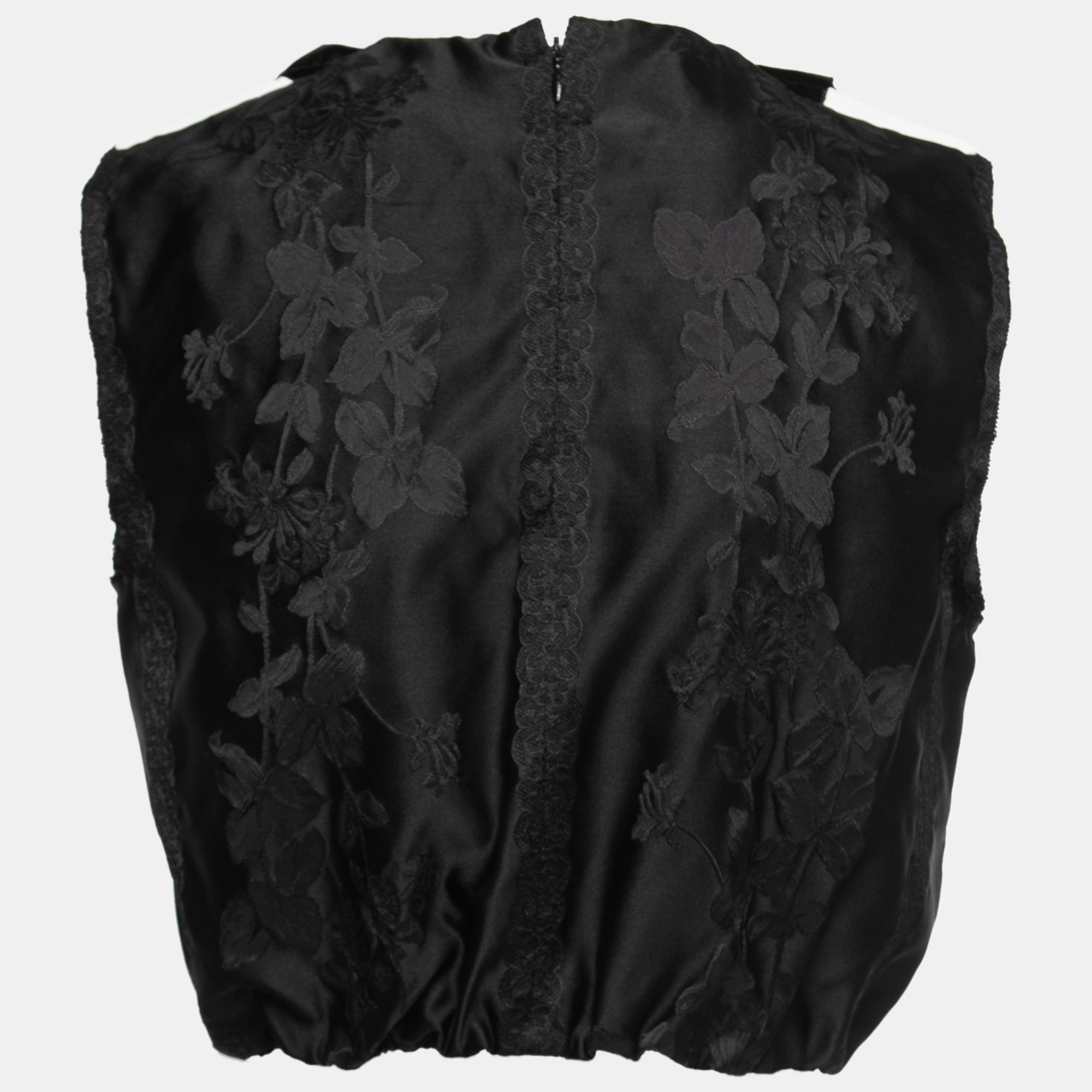 

Miu Miu Black Silk Jacquard Lace Insert Ruffled Cropped Top