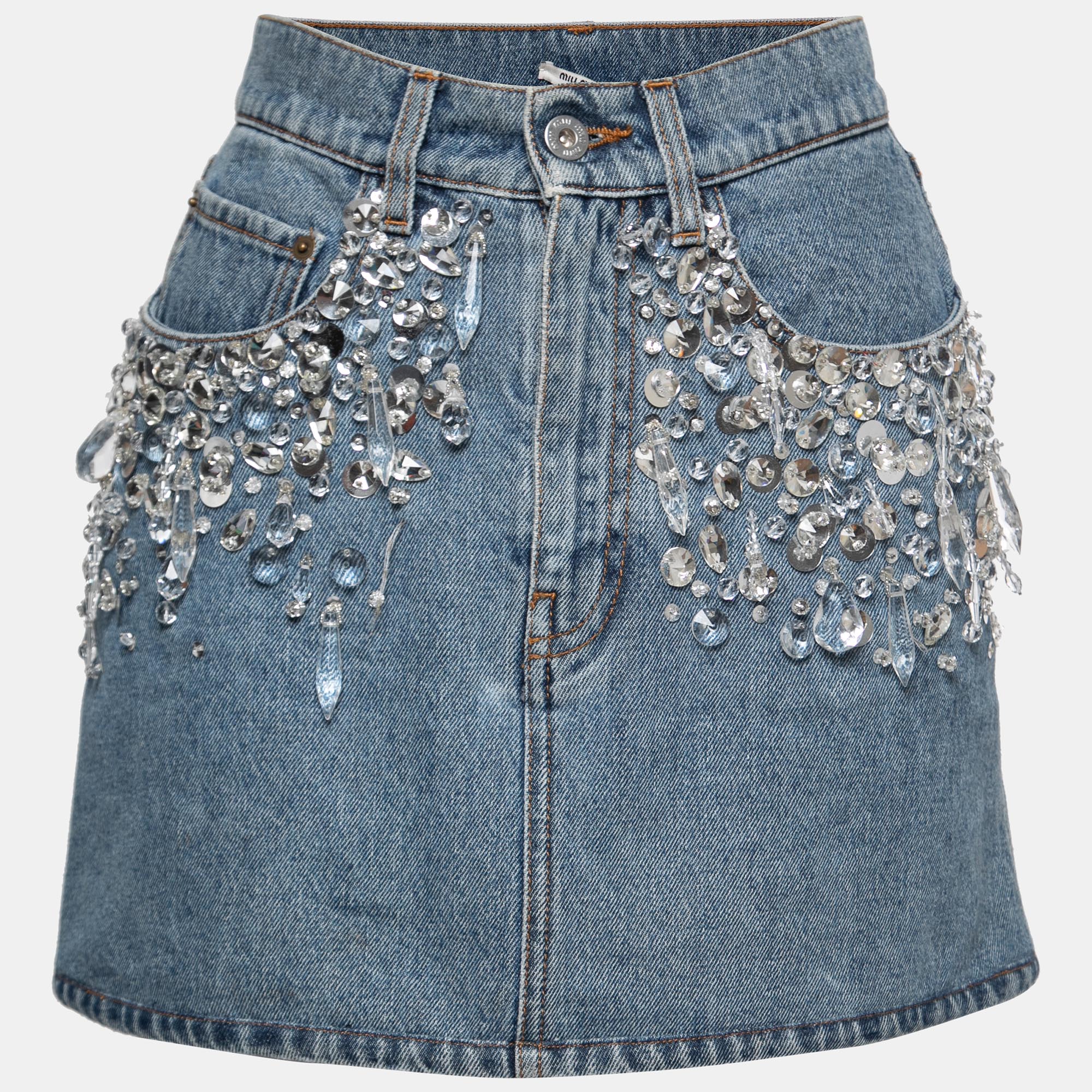 Miu Miu Blue Denim Crystal-Embellished Mini Skirt XS