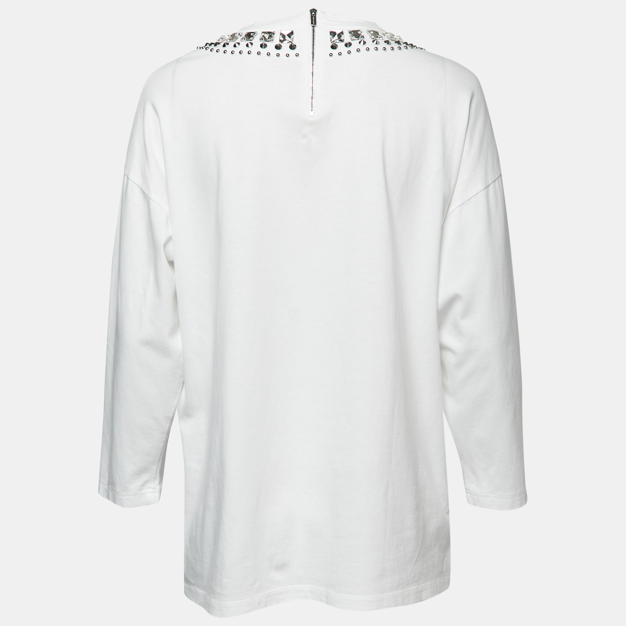 

Miu Miu White Jersey Embellished Collar Logo Print Long-Sleeve T-Shirt