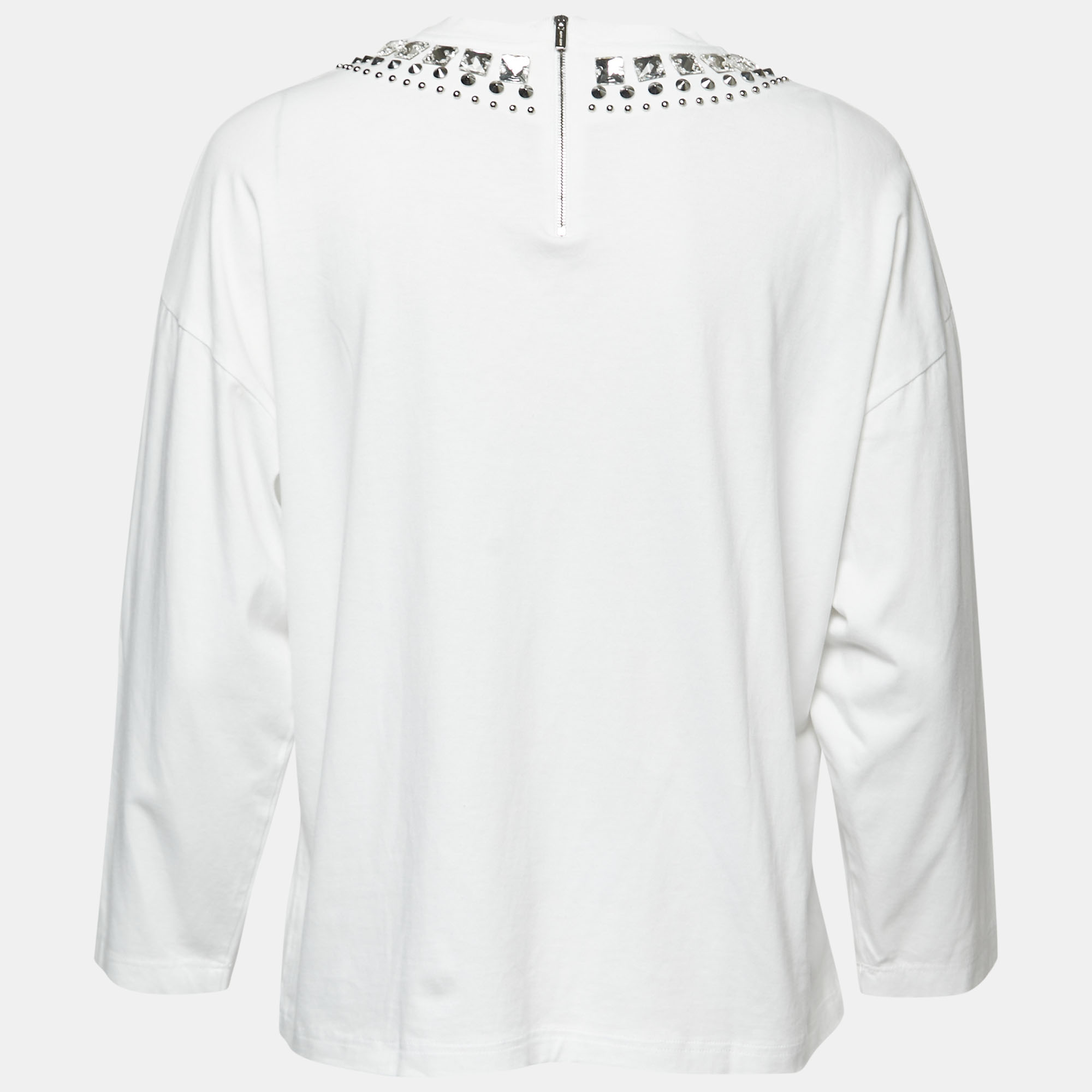 

Miu Miu White Jersey Embellished Collar Logo Print Long-Sleeve T-Shirt