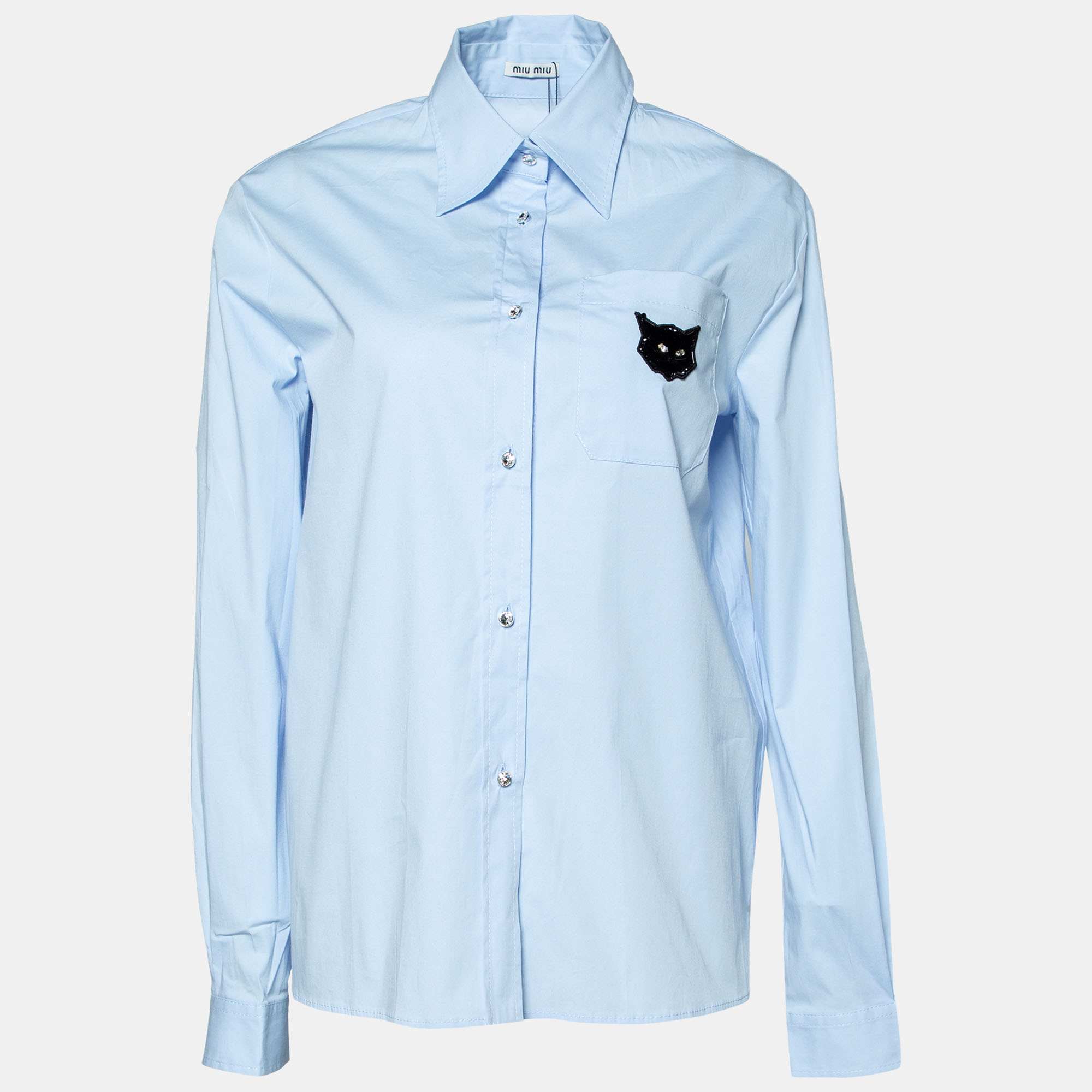 Miu Miu Blue Embellished Pocket Detail Button Front Shirt S