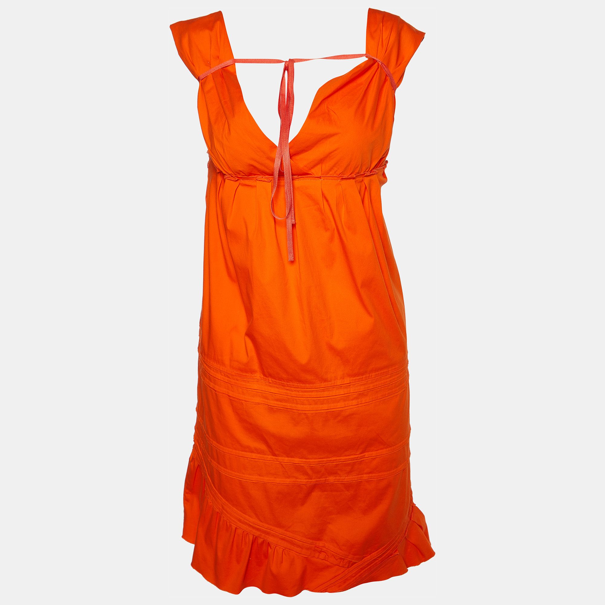 Pre-owned Miu Miu Orange Cotton Paneled Tie Detail Mini Dress S