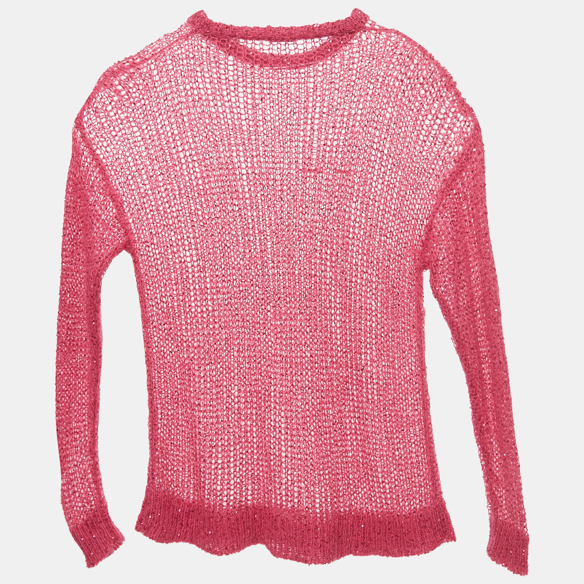 Pre-owned Miu Miu Pink Sequin Embellished Open Knit Sweater M