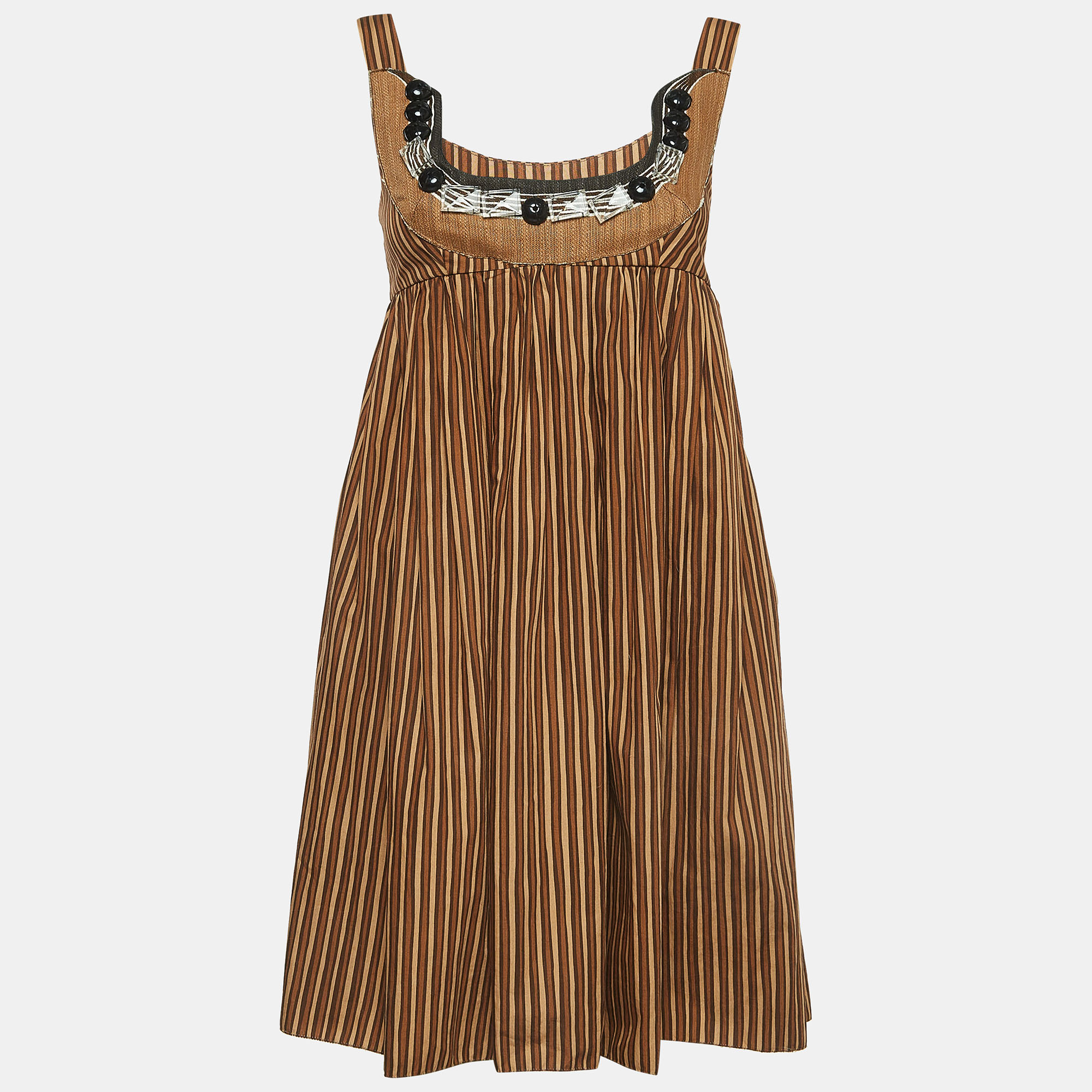 Pre-owned Miu Miu Brown Striped Cotton Embellished Low Neck Mini Dress S
