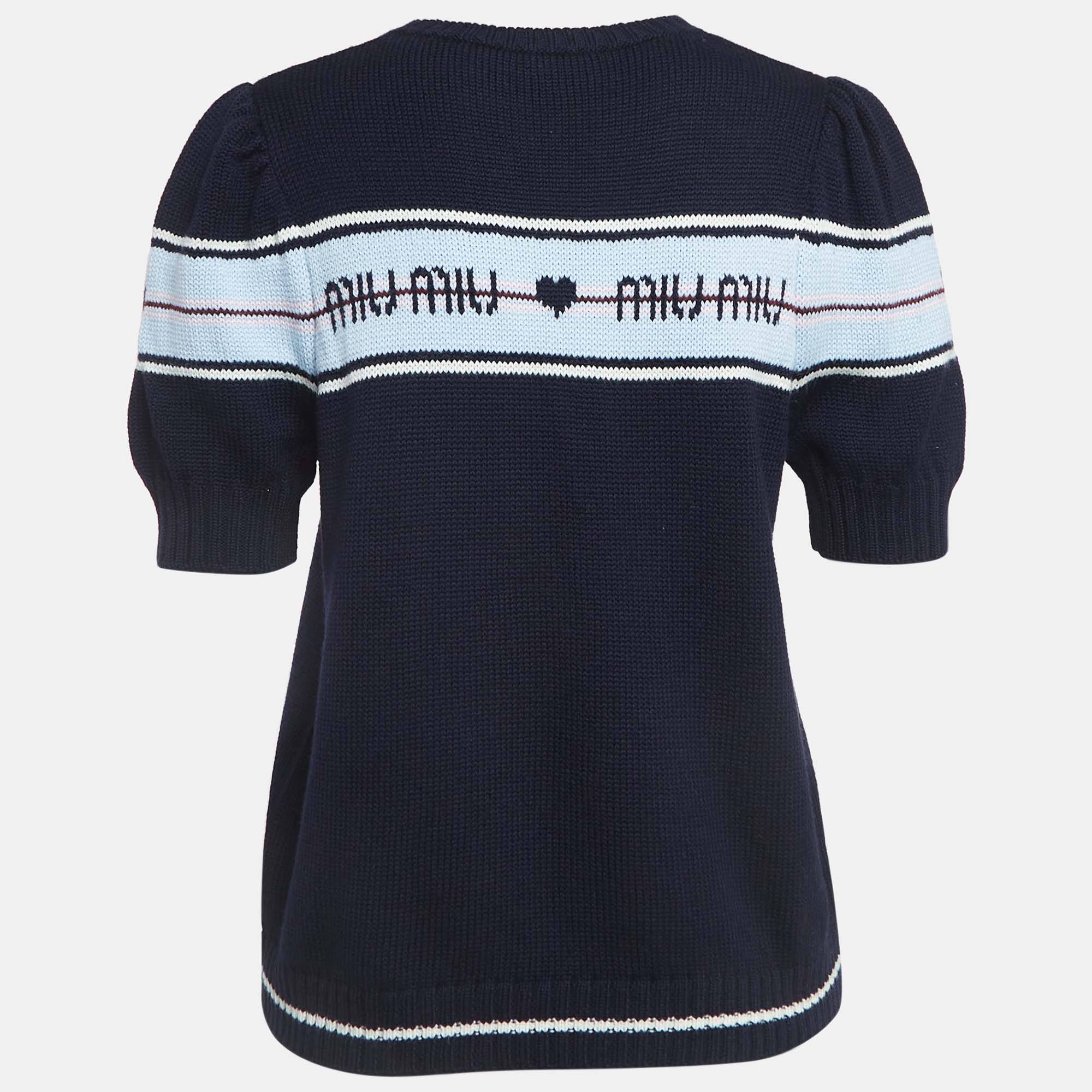 

Miu Miu Navy Blue Logo Intarsia Knit Top