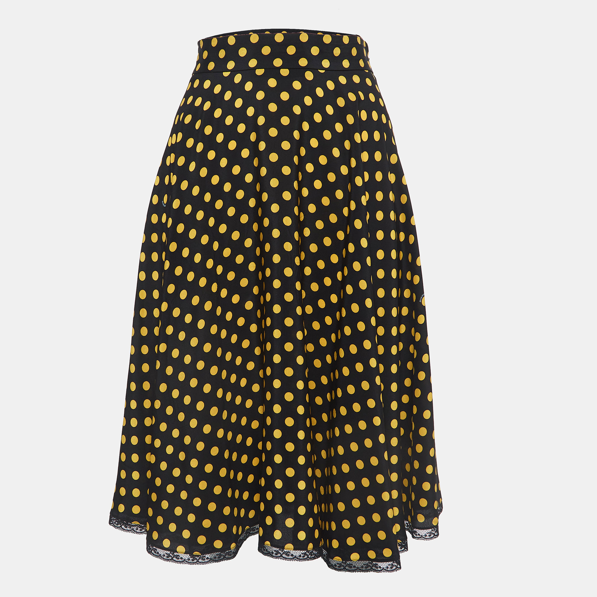 

Miu Miu Black Dotted Silk Lace Trimmed Midi Skirt