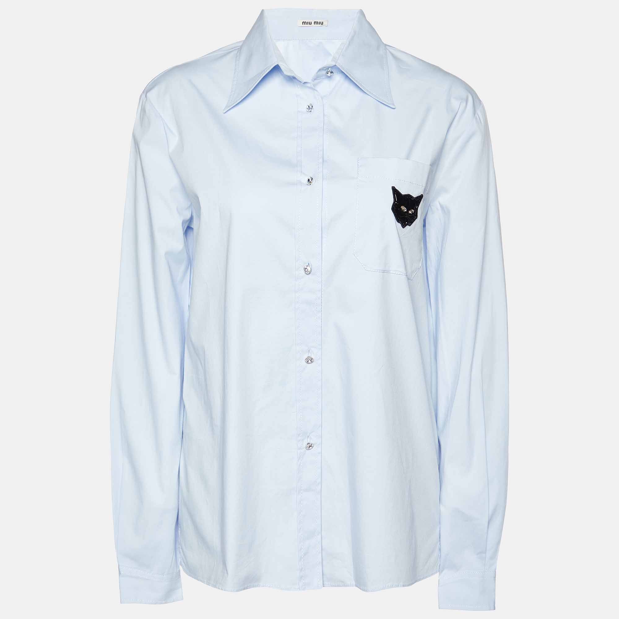 

Miu Miu Blue Cotton Cat Appliqued Long Sleeve Shirt S