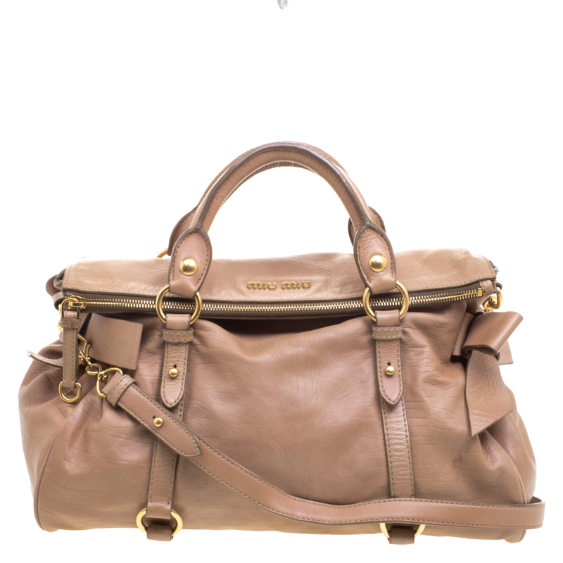 Miu Miu Beige Leather Bow Top Handle Bag