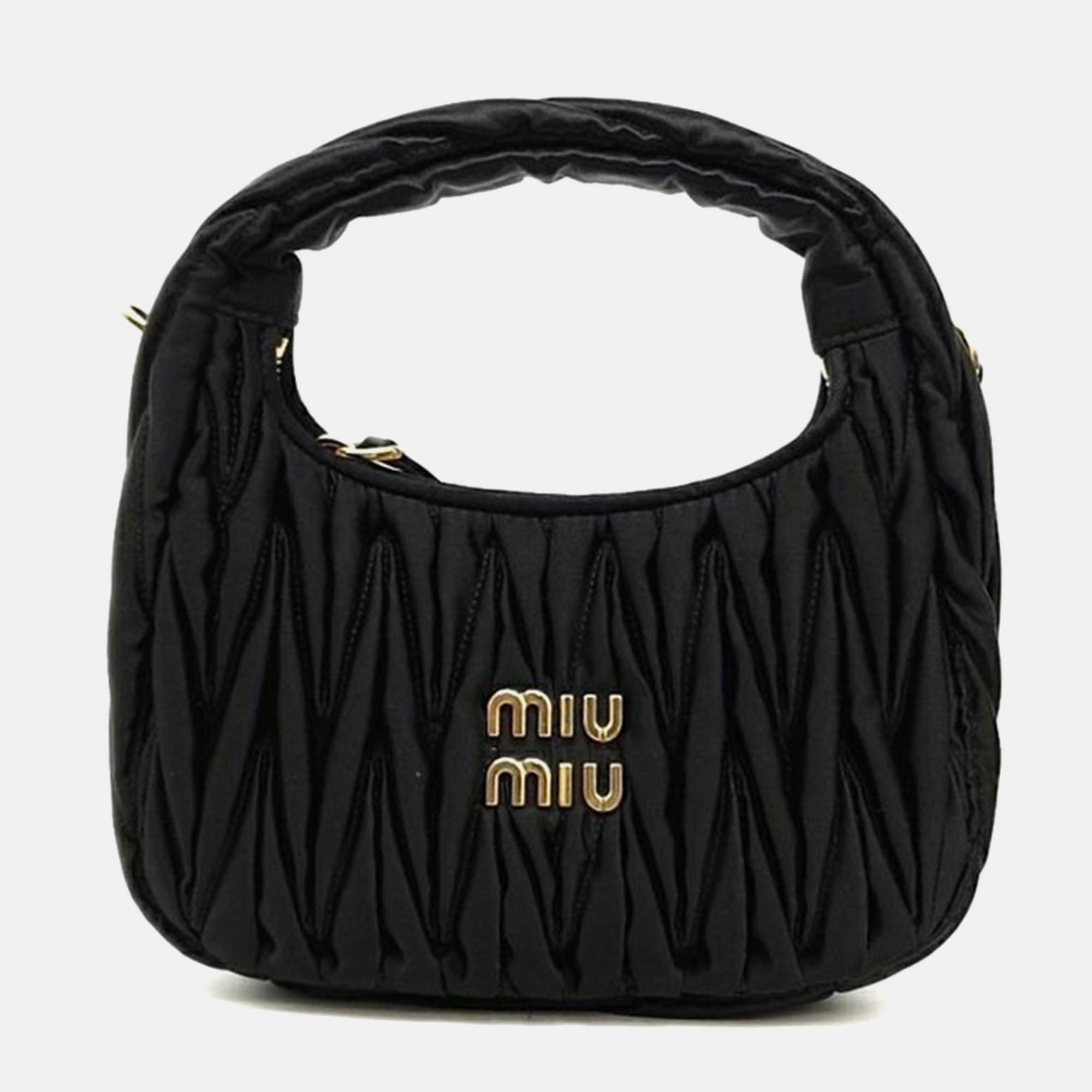 Pre-owned Miu Miu Wander Matrace Satin Mini Hobo Bag In Black