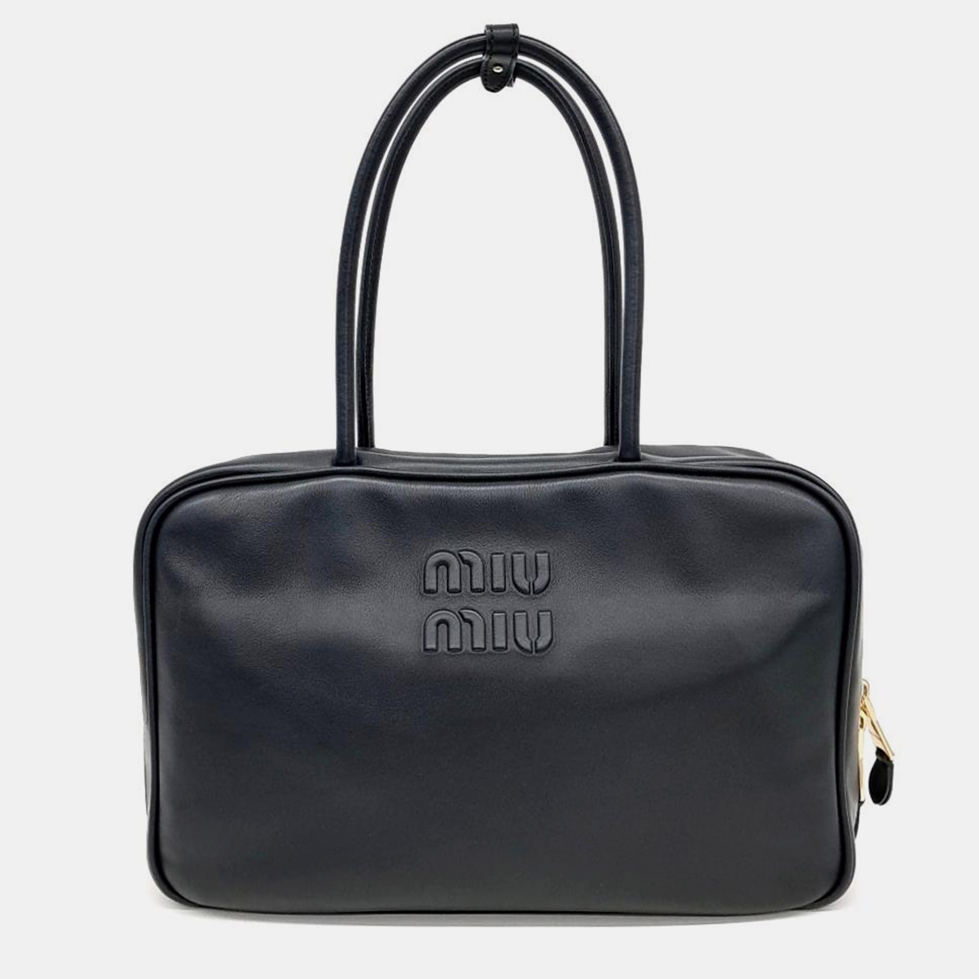 Pre-owned Miu Miu Embossed Logo Bowling Bag In Black