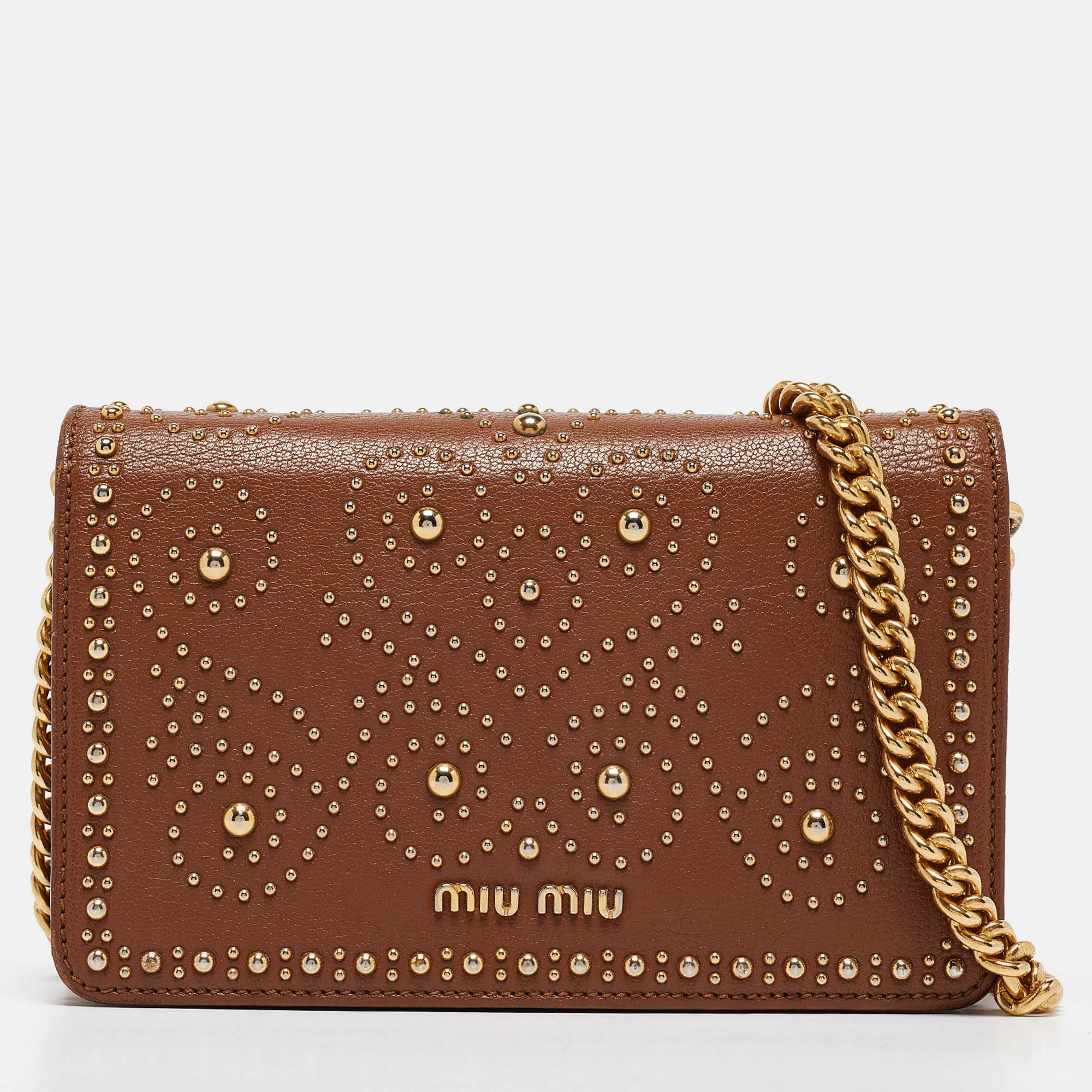 

Miu Miu Brown Leather Studded Wallet on Chain