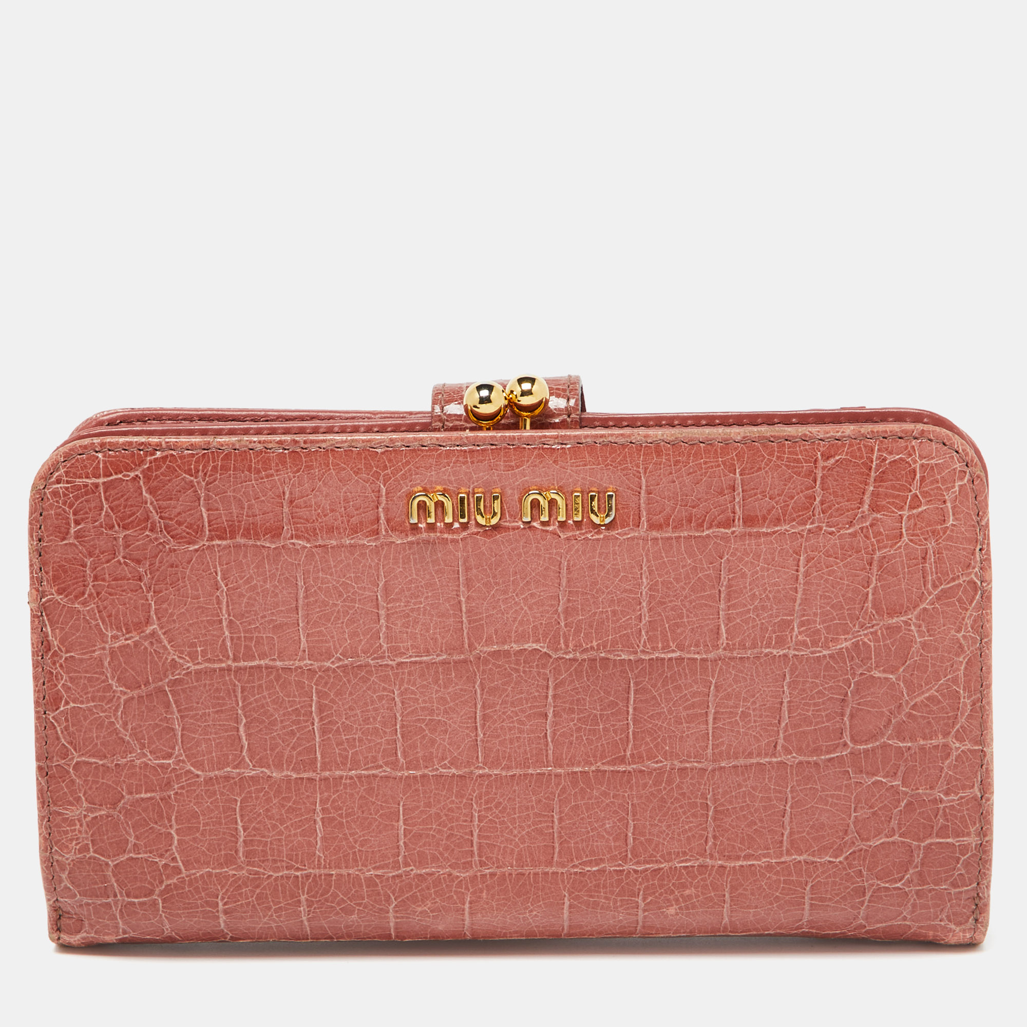 

Miu Miu Peach Croc Embossed Leather Twisted Lock Wallet, Orange