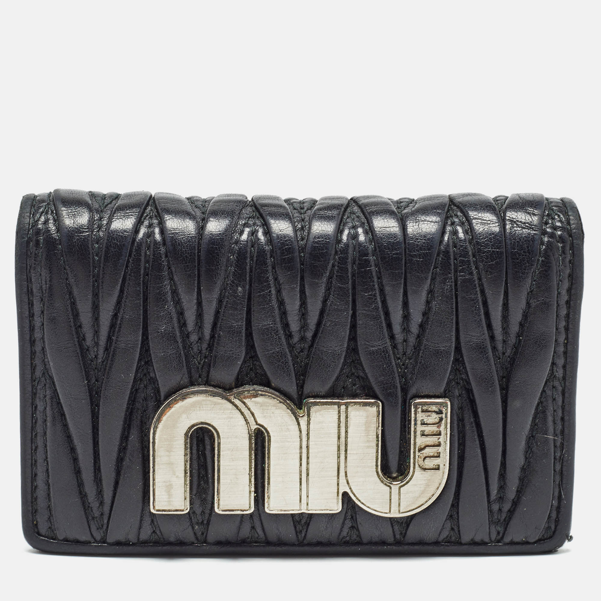 Pre-owned Miu Miu Black Matelasse Leather Business Card Holder