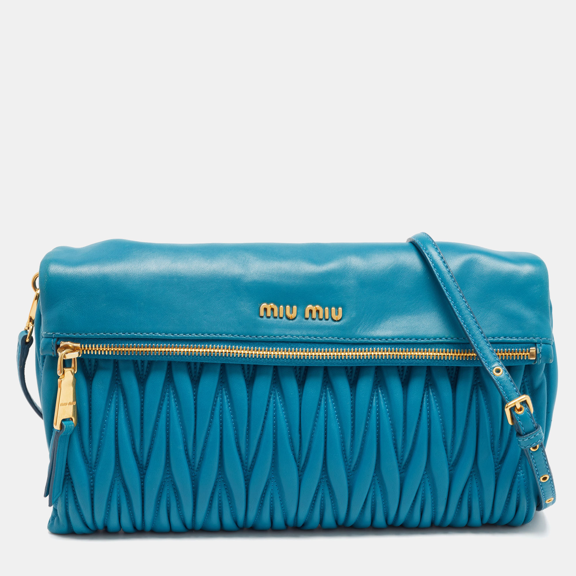 

Miu Miu Blue Matelassé Leather Fold Over Zip Shoulder Bag