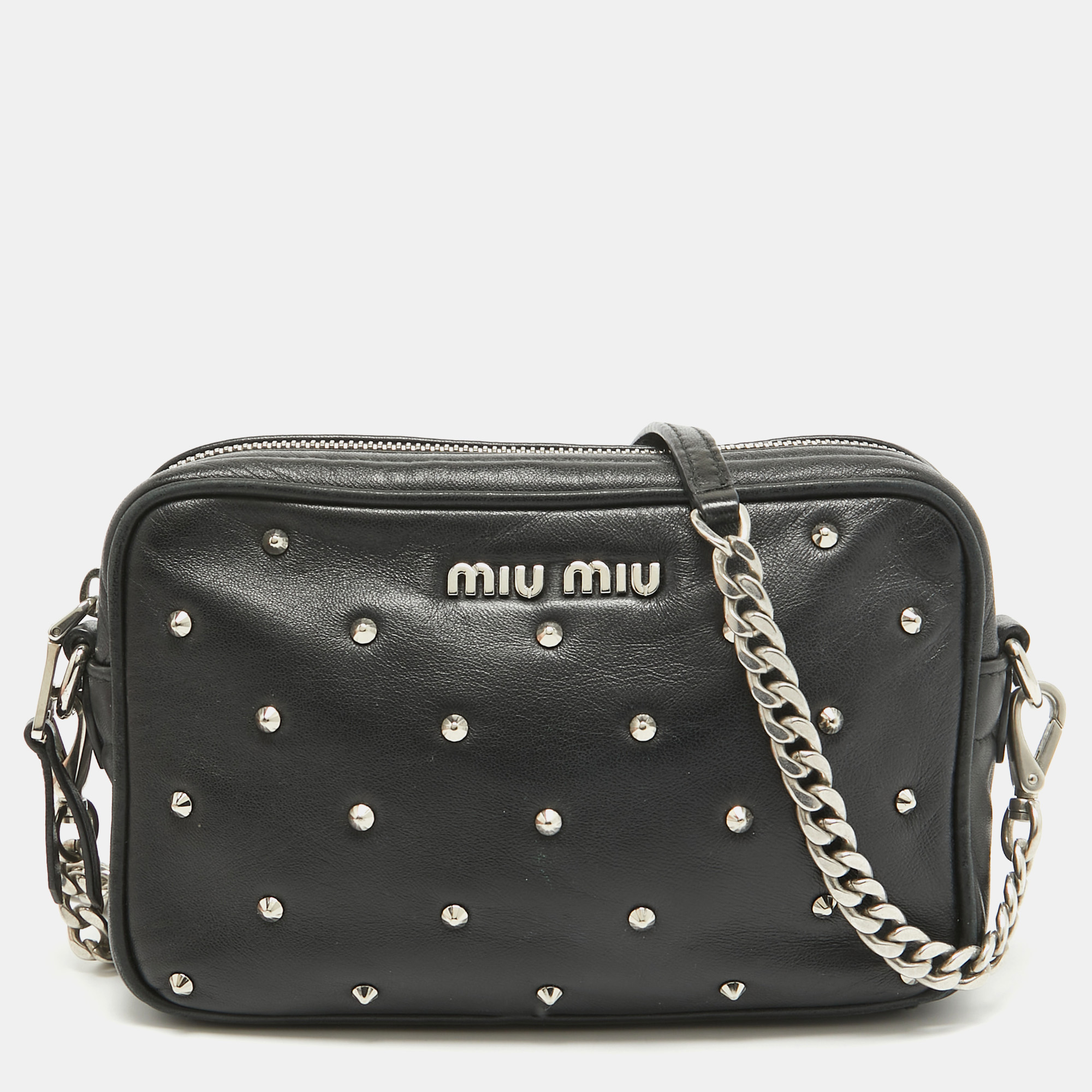 

Miu Miu Black Leather Studded Camera Crossbody Bag