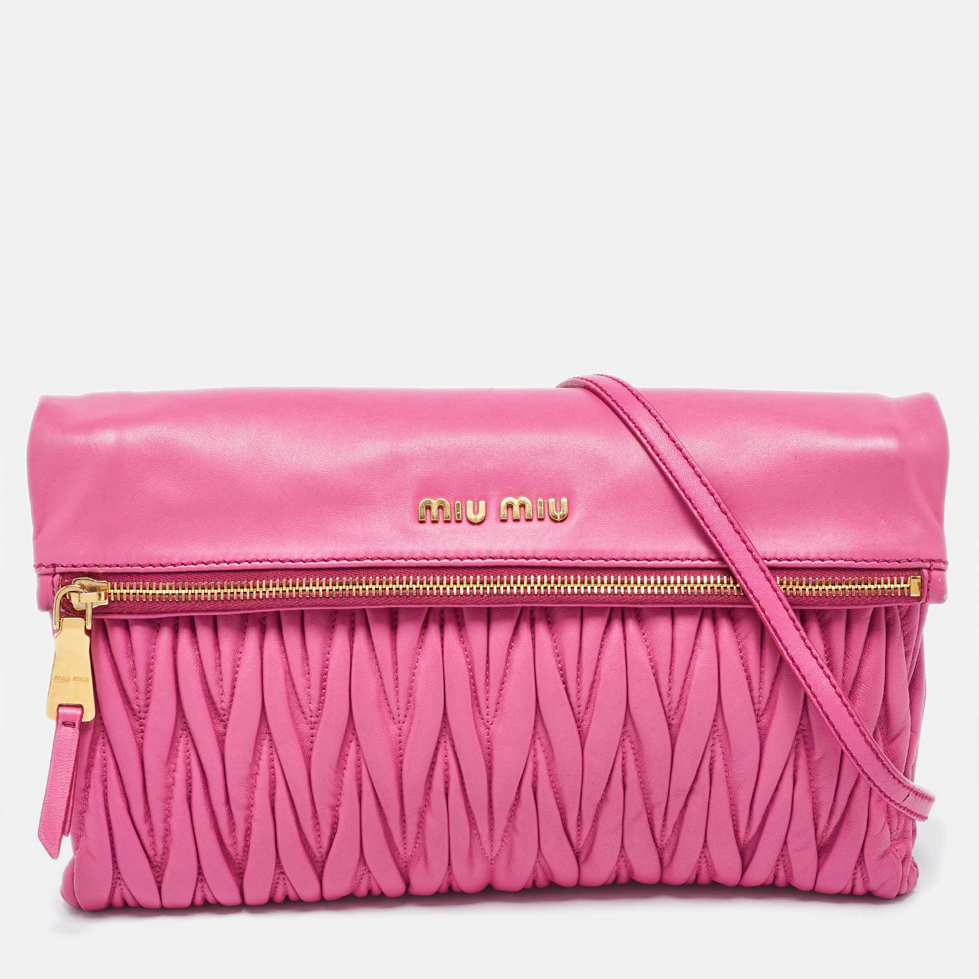 

Miu Miu Pink Matelassé Leather Fold Over Crossbody Bag