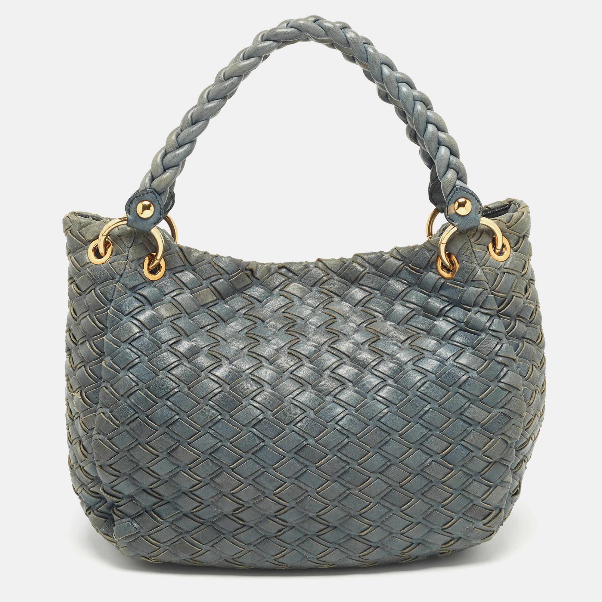 

Miu Miu Blue Woven Leather Snap Hobo