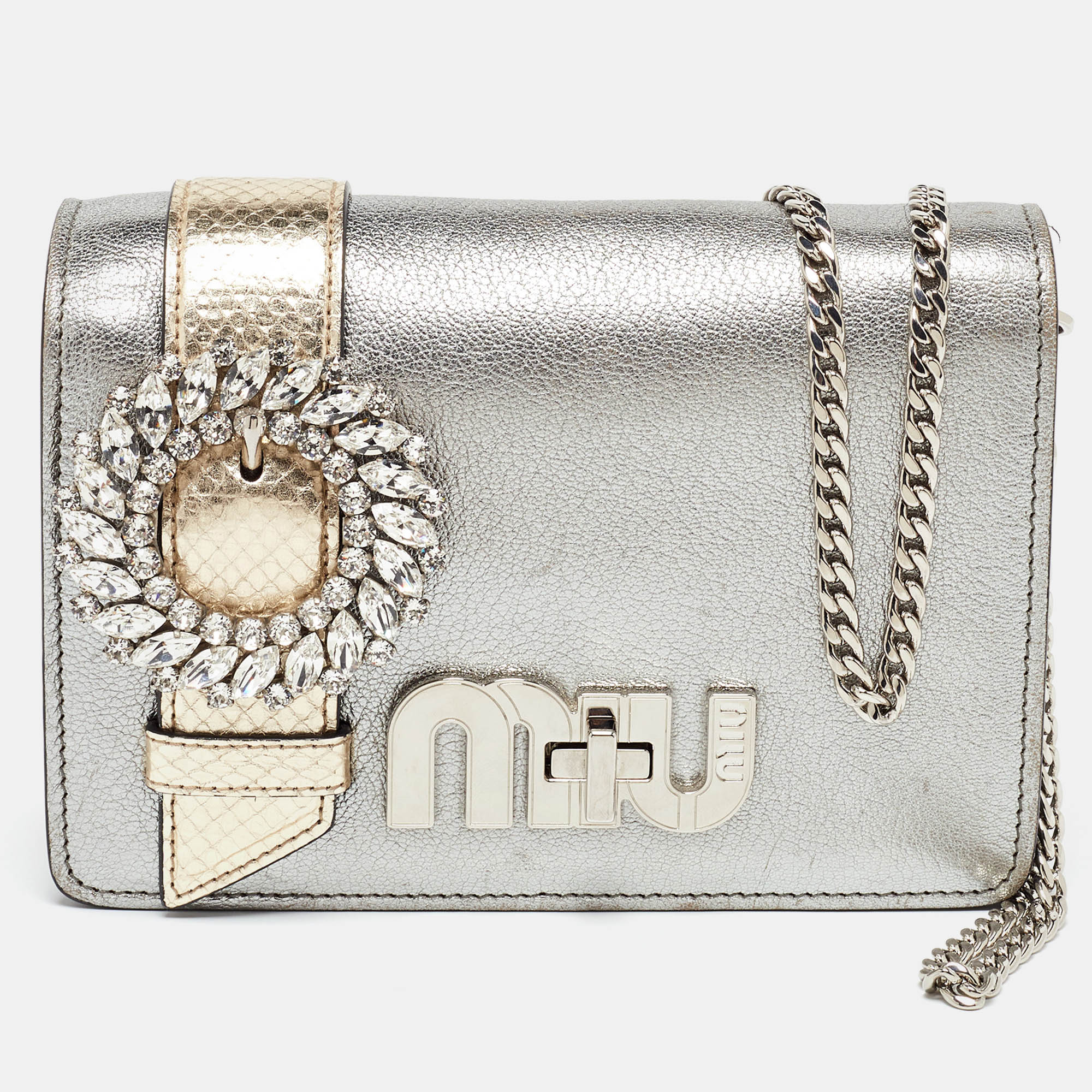 

Miu Miu Silver/Gold Leather and Watersnake Leather Crystal Embellished Clutch Bag