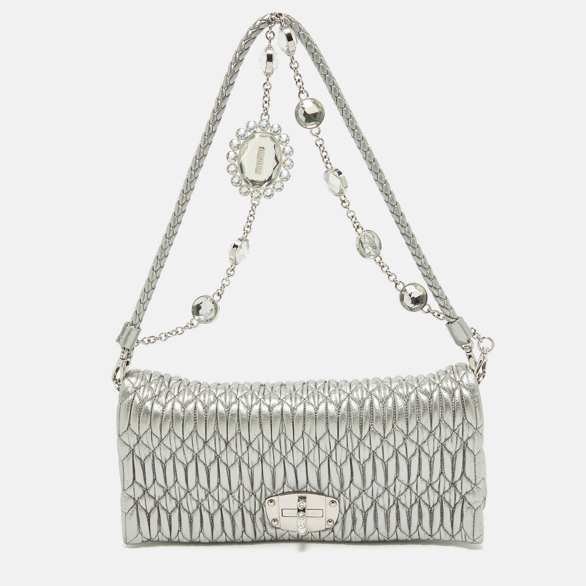 

Miu Miu Silver Matelassé Leather Crystals Shoulder Bag