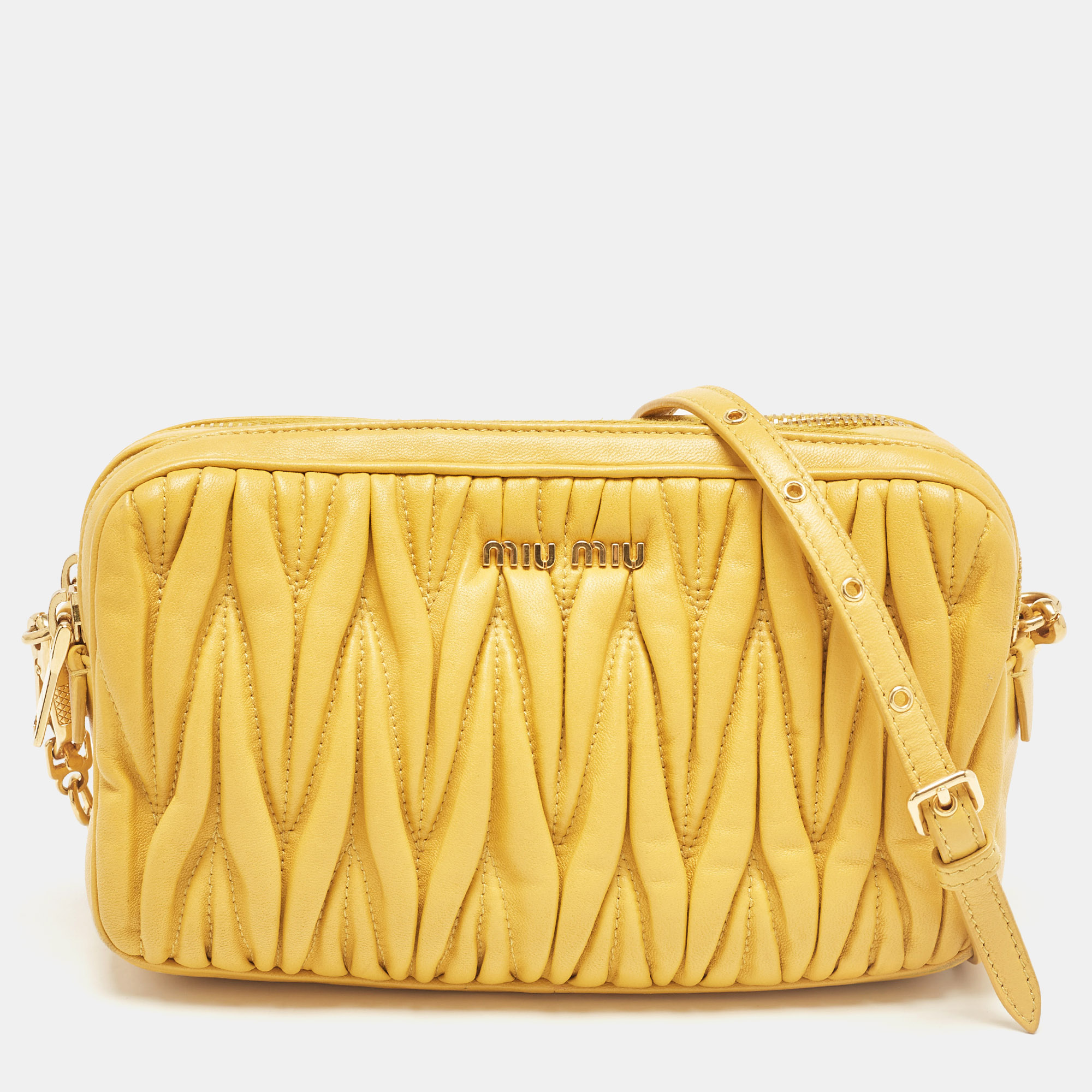 

Miu Miu Mustard Matelassé Leather Double Zip Crossbody Bag, Yellow