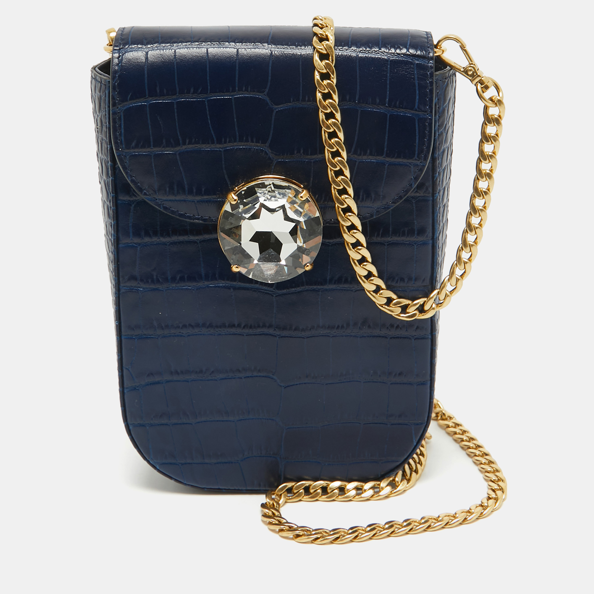 

Miu Miu Blue Croc Embossed Leather Crystal Crossbody Bag