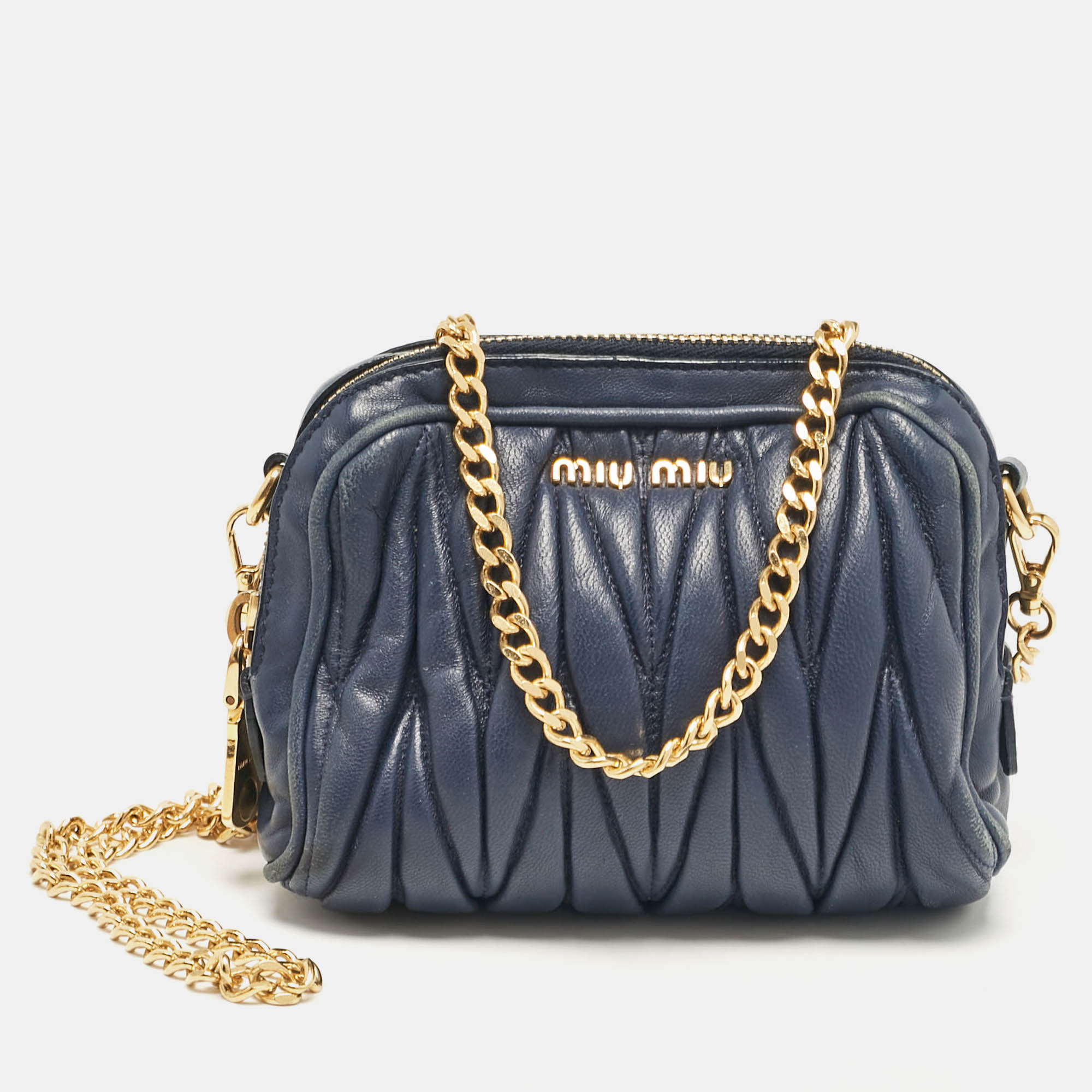 Pre-owned Miu Miu Blue Matelassé Leather Double Zip Crossbody Bag