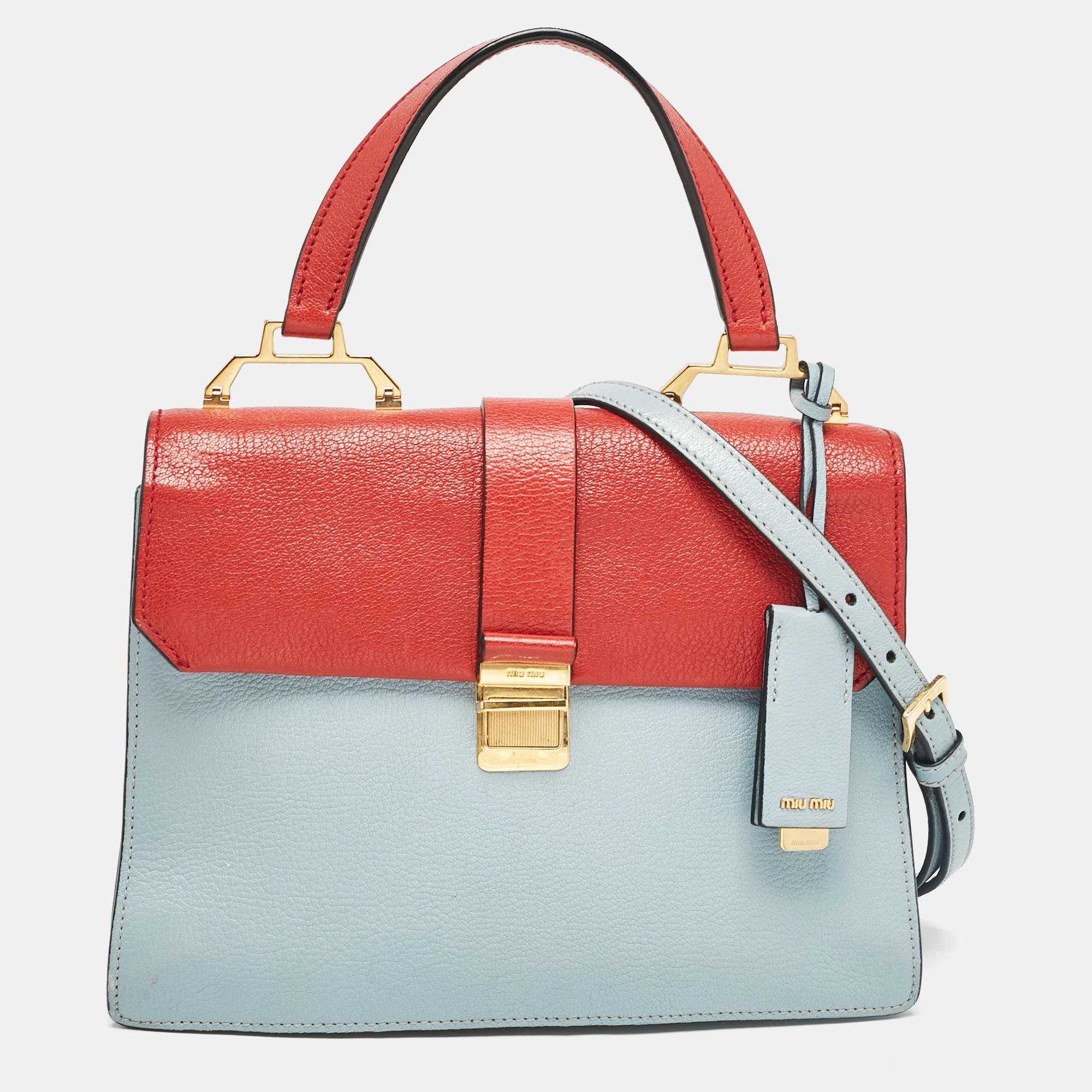 

Miu Miu Red/Light Blue Madras Leather Pushlock Top Handle Bag