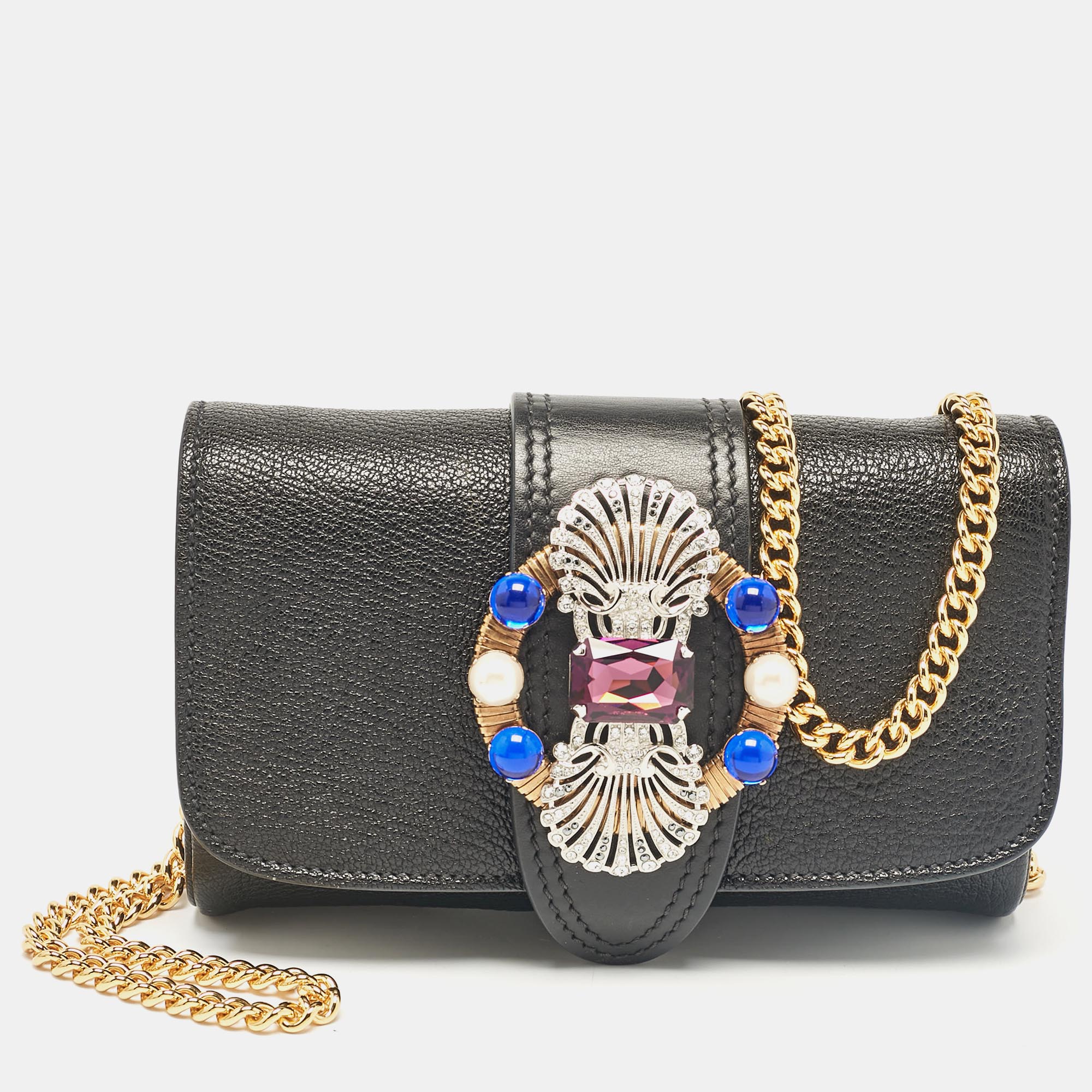 

Miu Miu Black Leather Jewel Embellished Buckle Chain Clutch