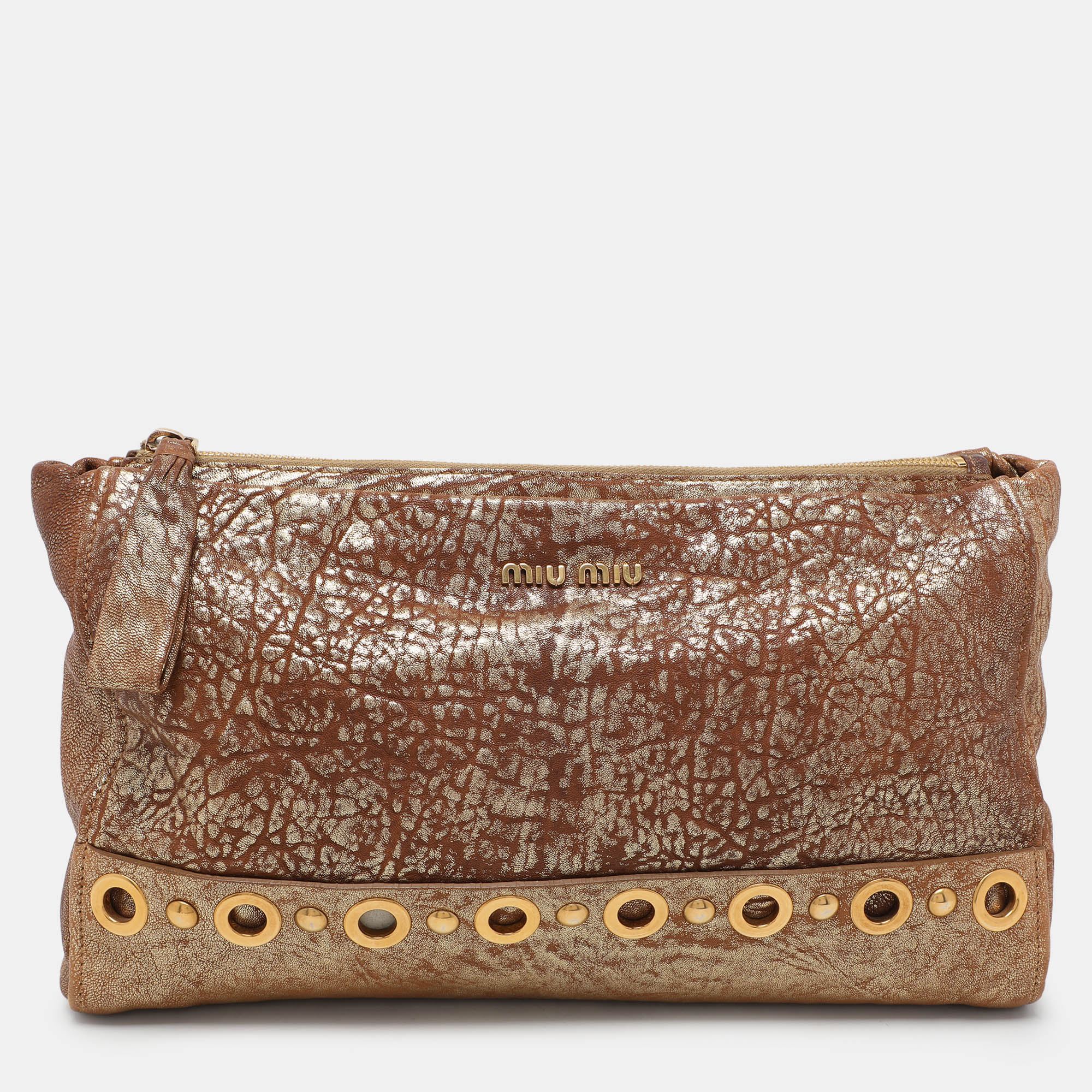 

Miu Miu Gold/Brown Textured Leather Clutch