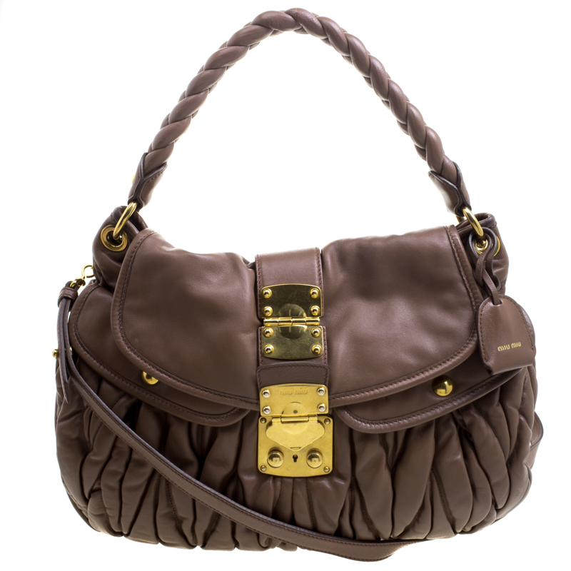 Miu Miu Brown Matelasse Lux Leather Coffer Hobo