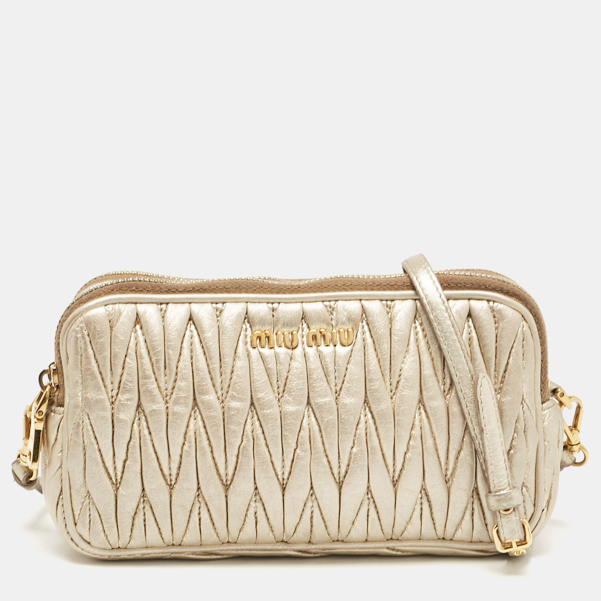 

Miu Miu Gold Matelassé Leather Double Zip Crossbody Bag