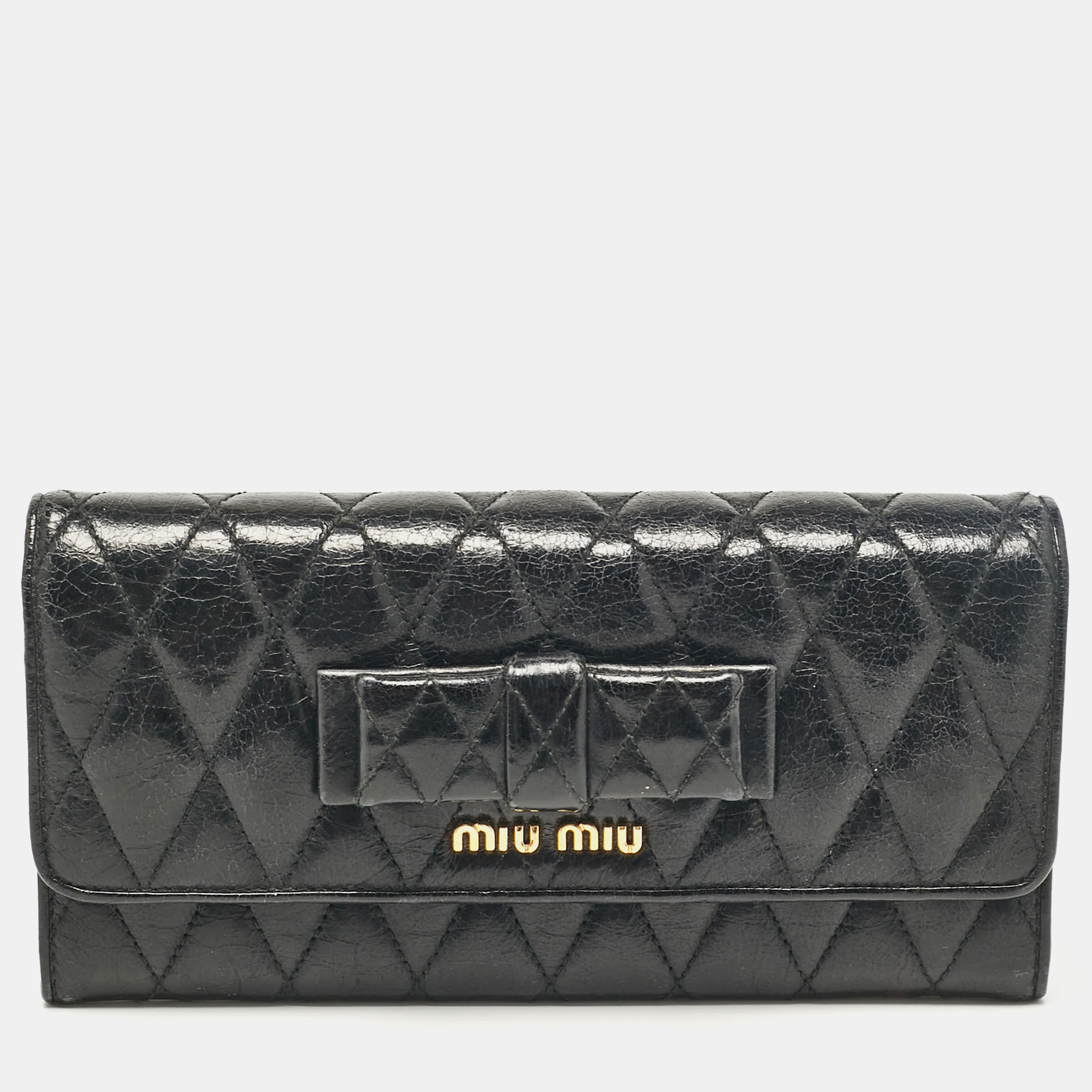 Pre-owned Miu Miu Black Glossy Leather Bow Flap Continental Wallet