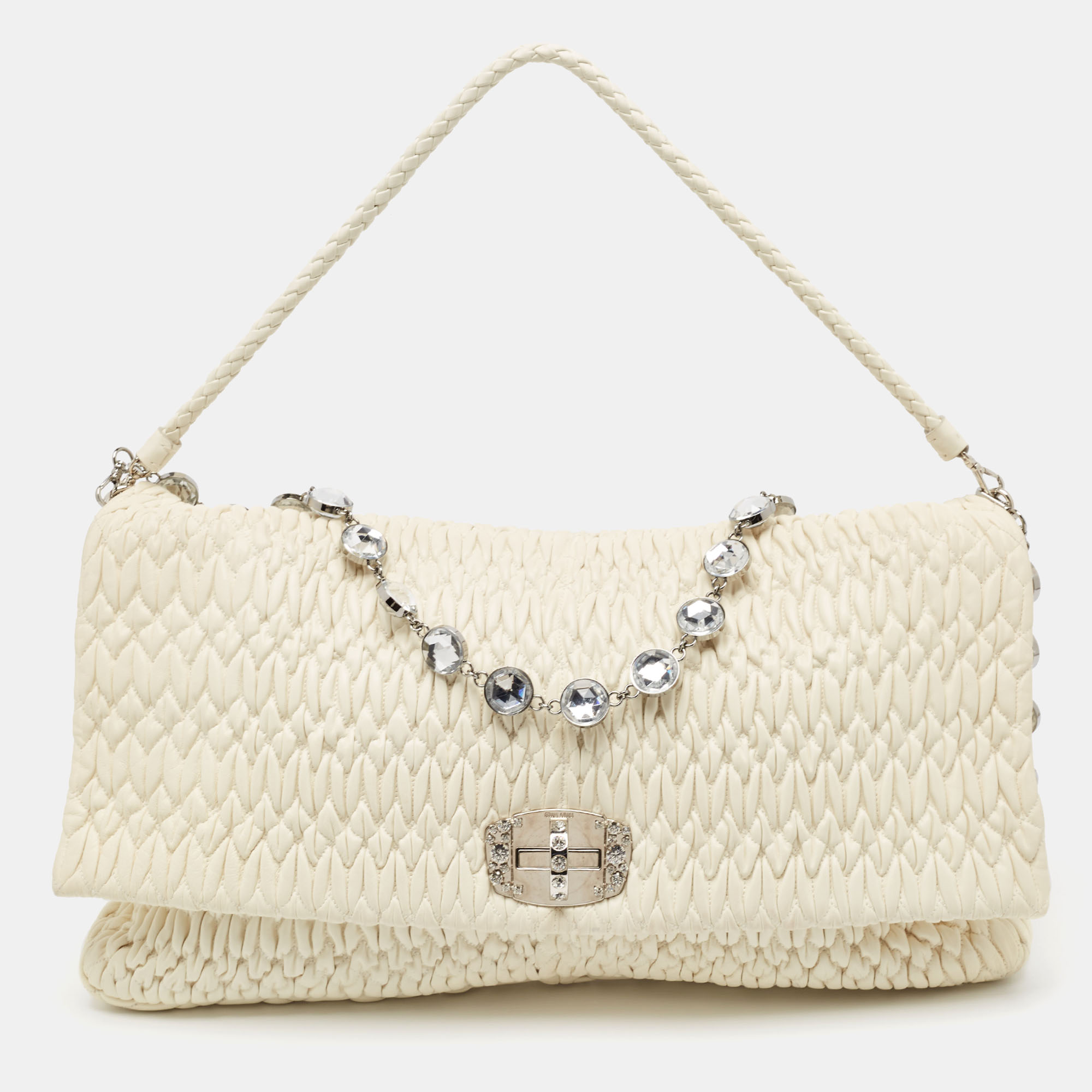 

Miu Miu White Matelassé Leather Crystal Cloqué Flap Shoulder Bag