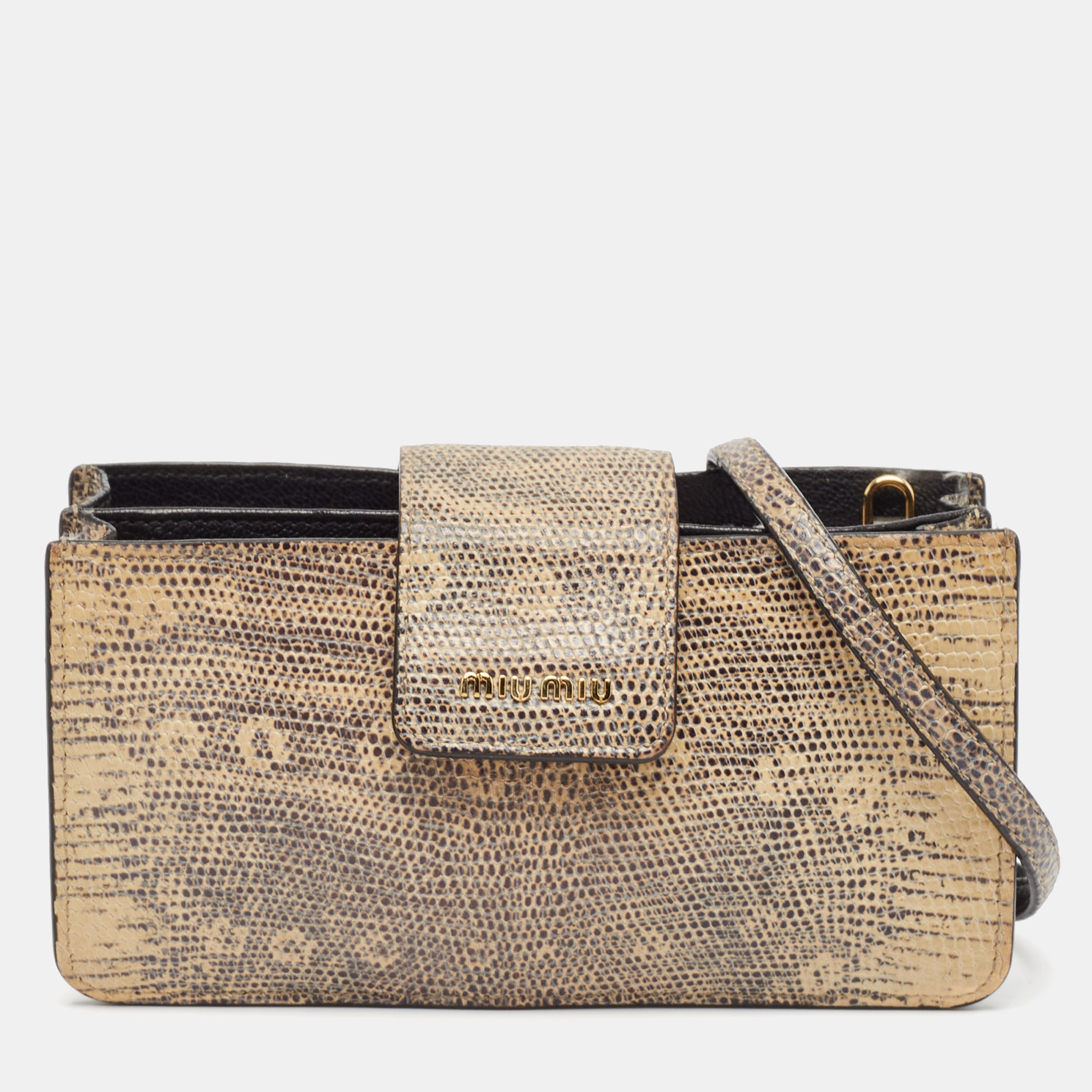 

Miu Miu Cream/Black Lizard Embossed Leather Crossbody Bag